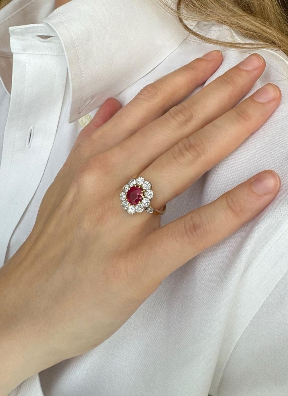 Early 20th Century Edwardian Ruby and Diamond Cluster Ring, No Heat For Sale 1