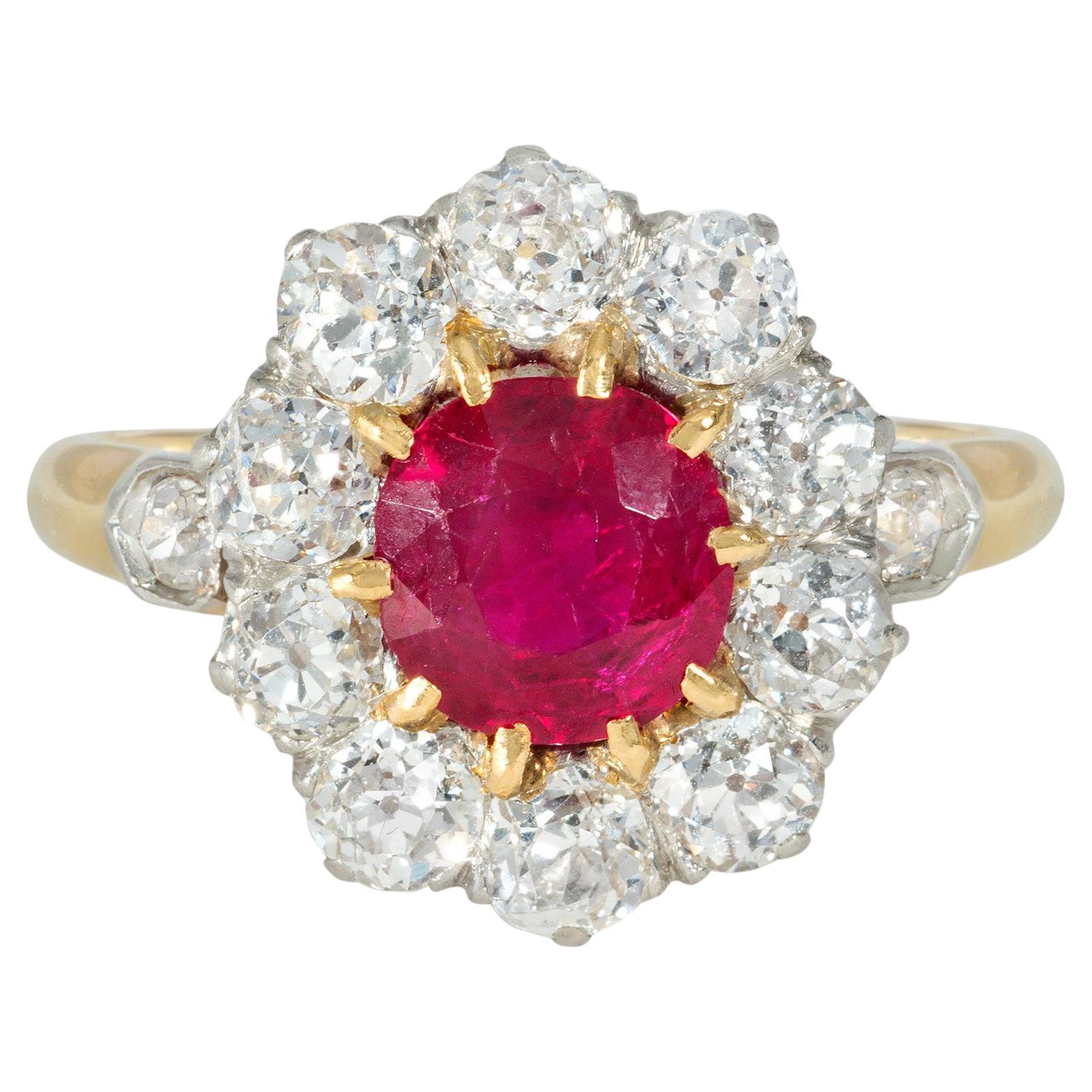 Early 20th Century Edwardian Ruby and Diamond Cluster Ring, No Heat For Sale