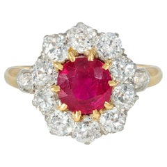 Early 20th Century Edwardian Ruby and Diamond Cluster Ring, No Heat