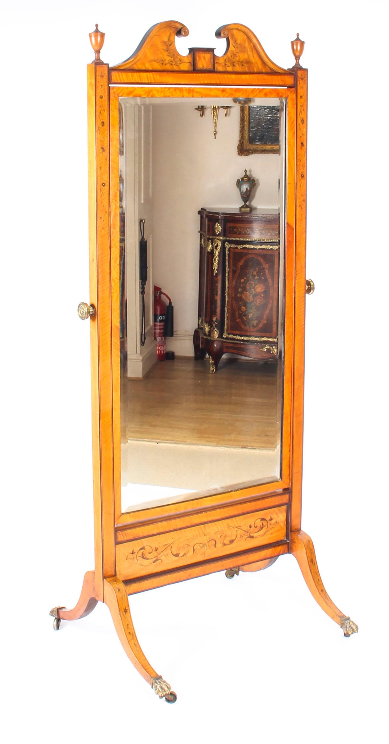 Early 20th Century Edwardian Satinwood Marquetry Inlaid Cheval Mirror For Sale 11