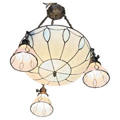 Lámpara de cristal emplomado estilo eduardiano de principios del siglo XX, circa 1910