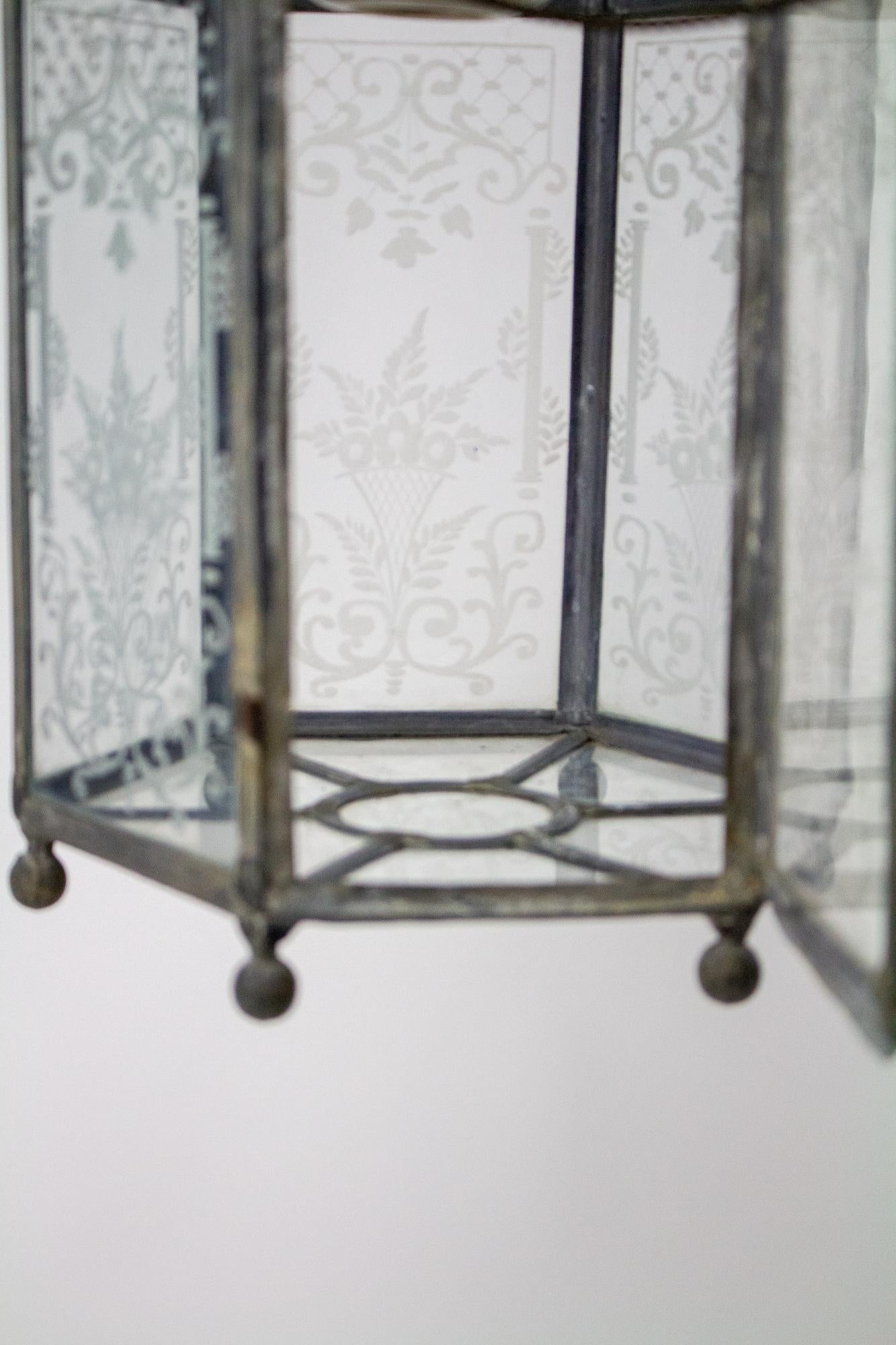Federal Early 20th Century E.F. Caldwell Leaded Glass Lantern For Sale