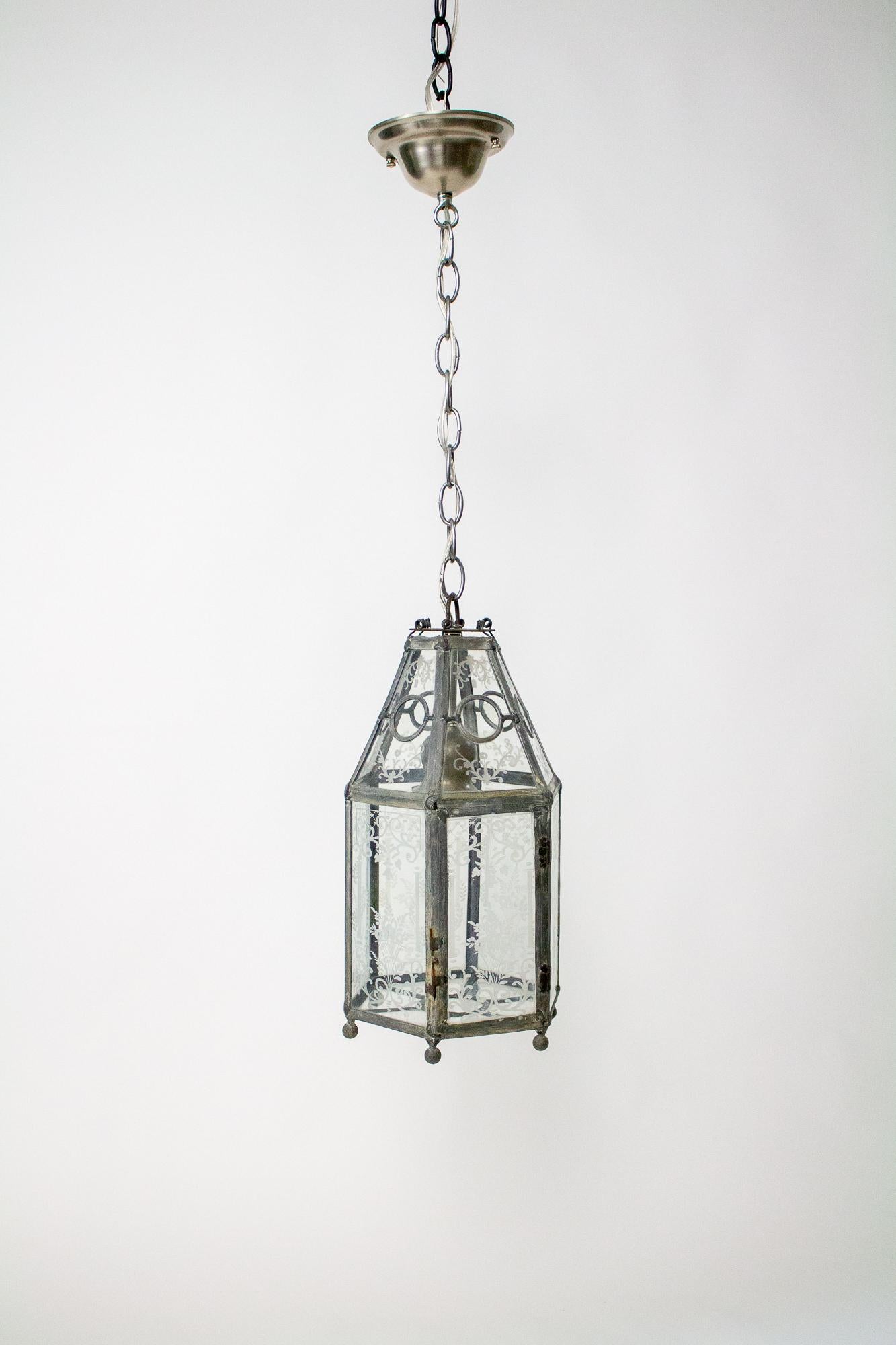 Etched Early 20th Century E.F. Caldwell Leaded Glass Lantern For Sale