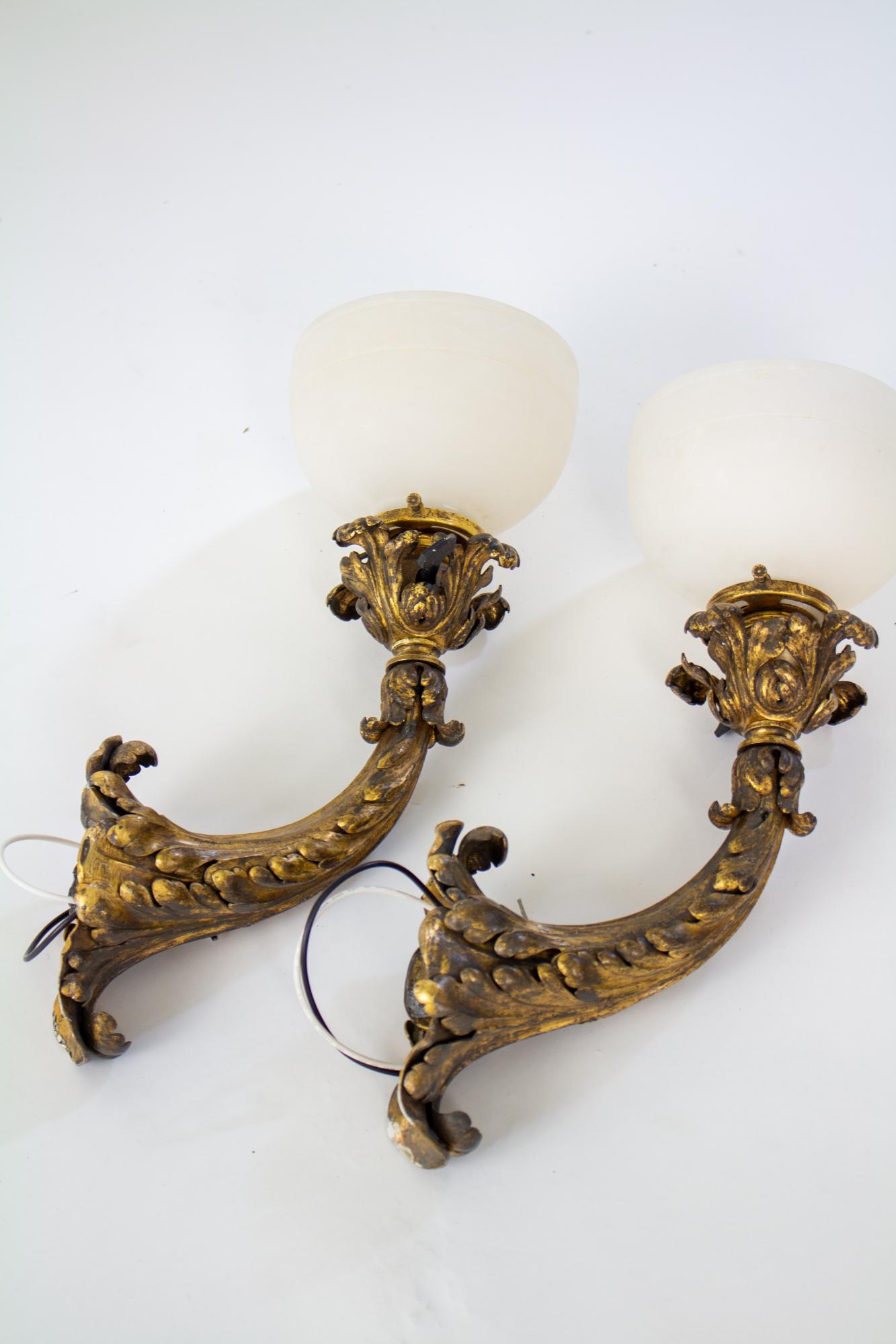 Bronze Early 20th Century E.F.Caldwell Gilt Leafy Sconces with Alabaster Shade - a Pair For Sale