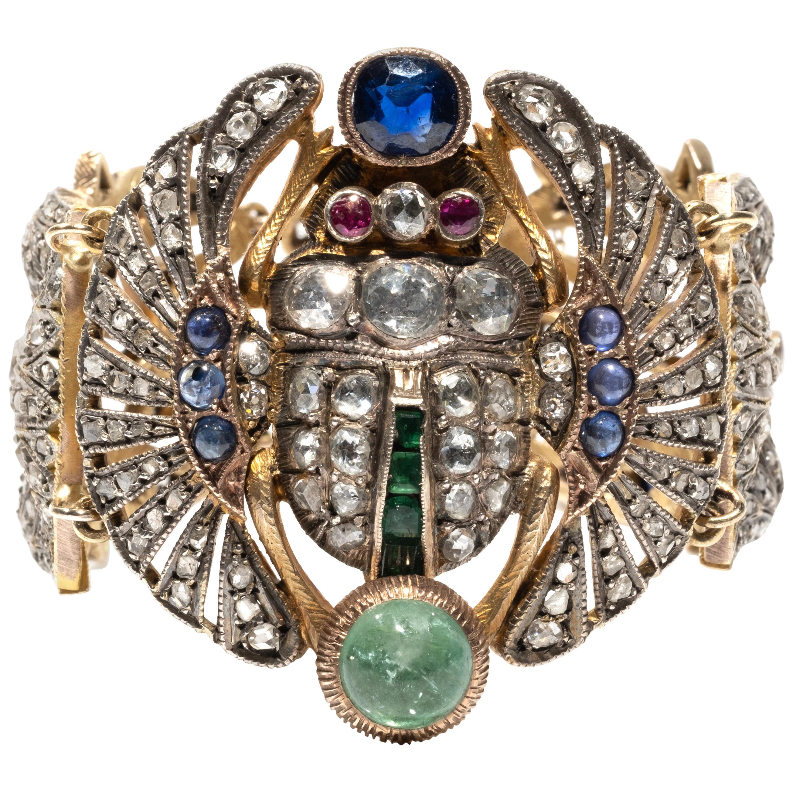 Early 20th Century Egyptian Revival Diamond and Gem-Set Scarab Bracelet
