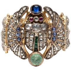 Antique Early 20th Century Egyptian Revival Diamond and Gem-Set Scarab Bracelet