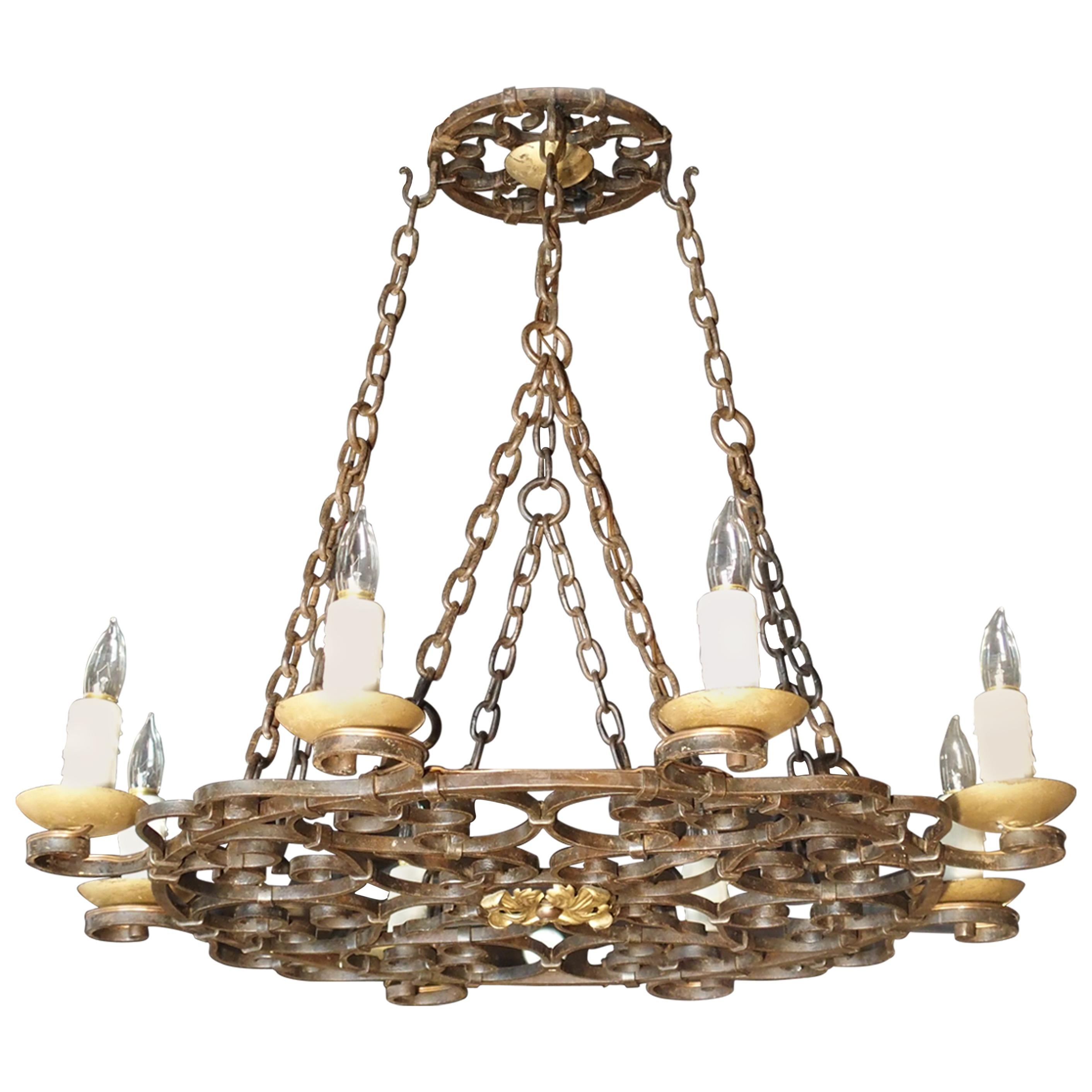 Early 20th Century Eight-Light Iron Chandelier from France For Sale
