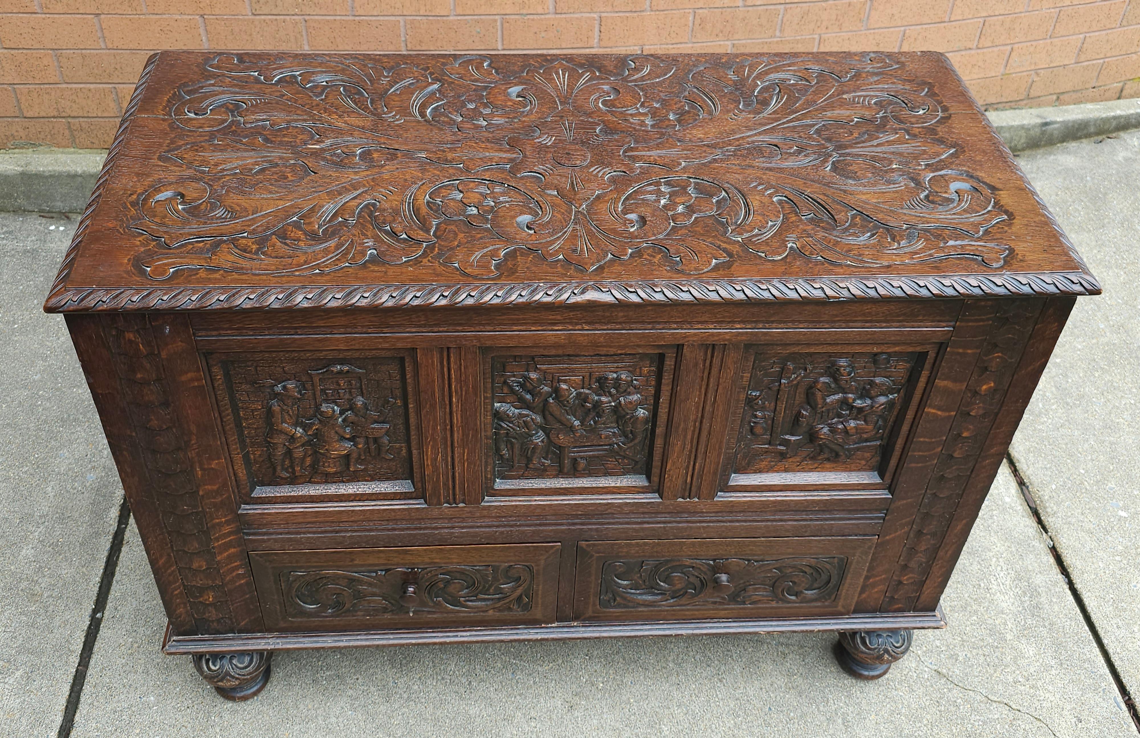 Early 20th Century Elizabethan Style Hand Carved Oak Storage / Blanket Chest For Sale 7