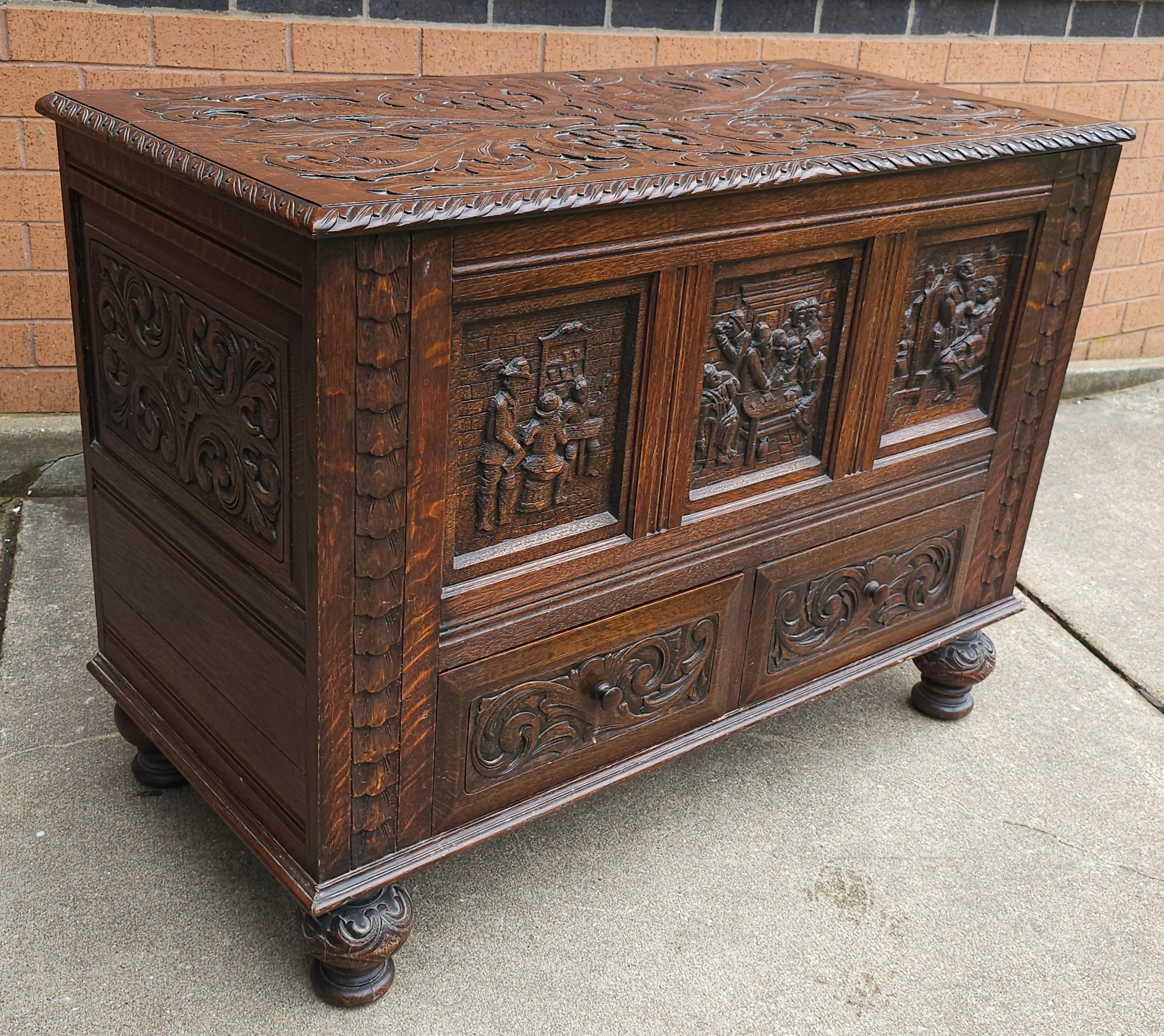 Early 20th Century Elizabethan Style Hand Carved Oak Storage / Blanket Chest For Sale 1