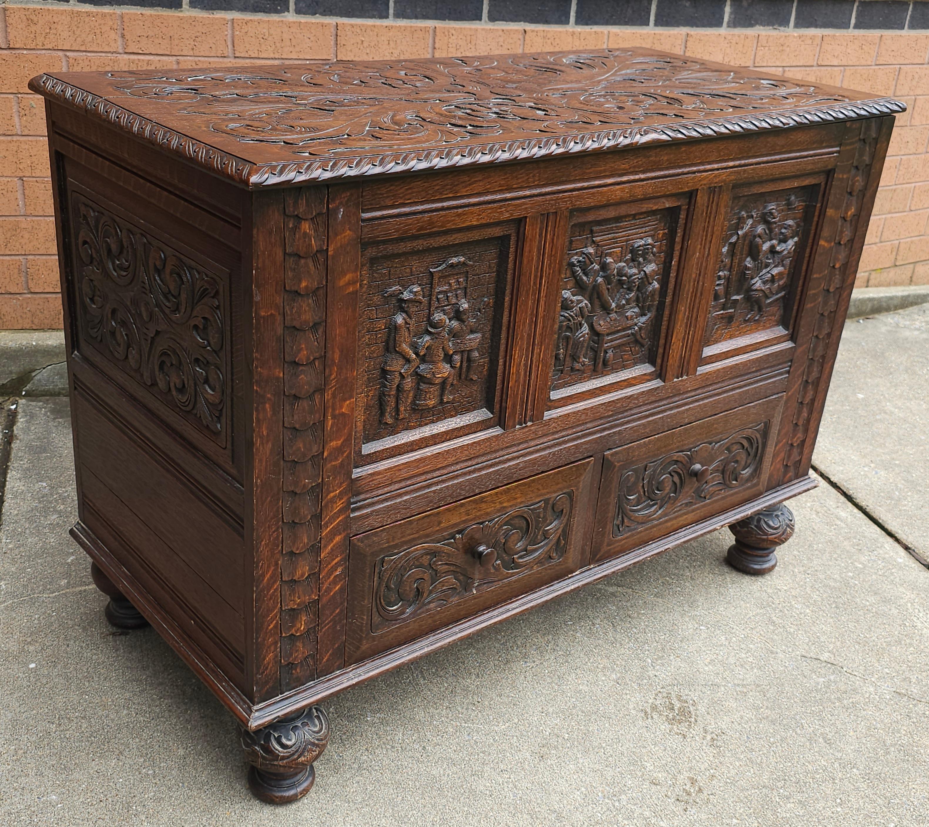 Arcón para mantas / almacenaje de roble tallado a mano de principios del siglo XX de estilo isabelino en Bueno estado para la venta en Germantown, MD