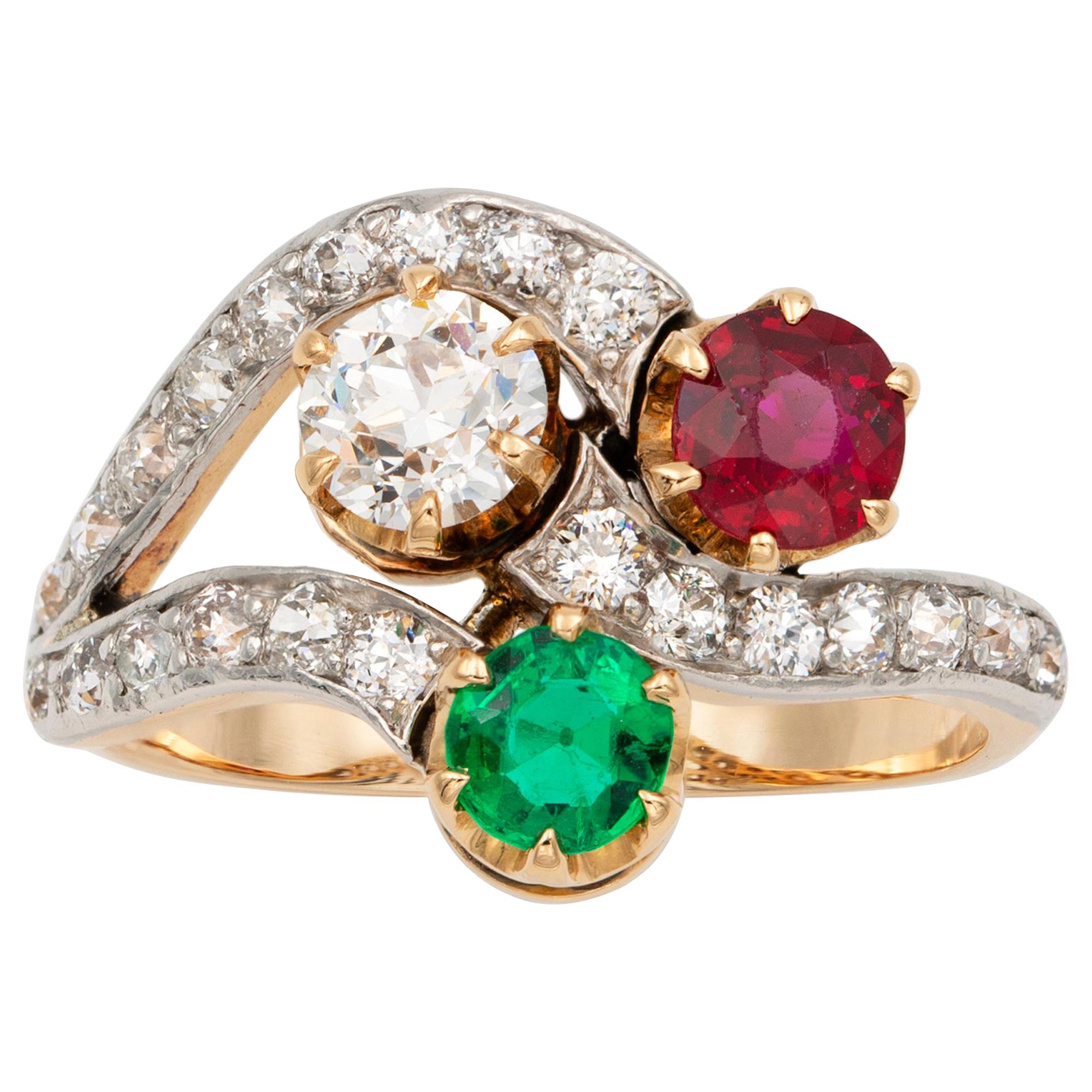 Early 20th Century Emerald, Ruby and Diamond Ring