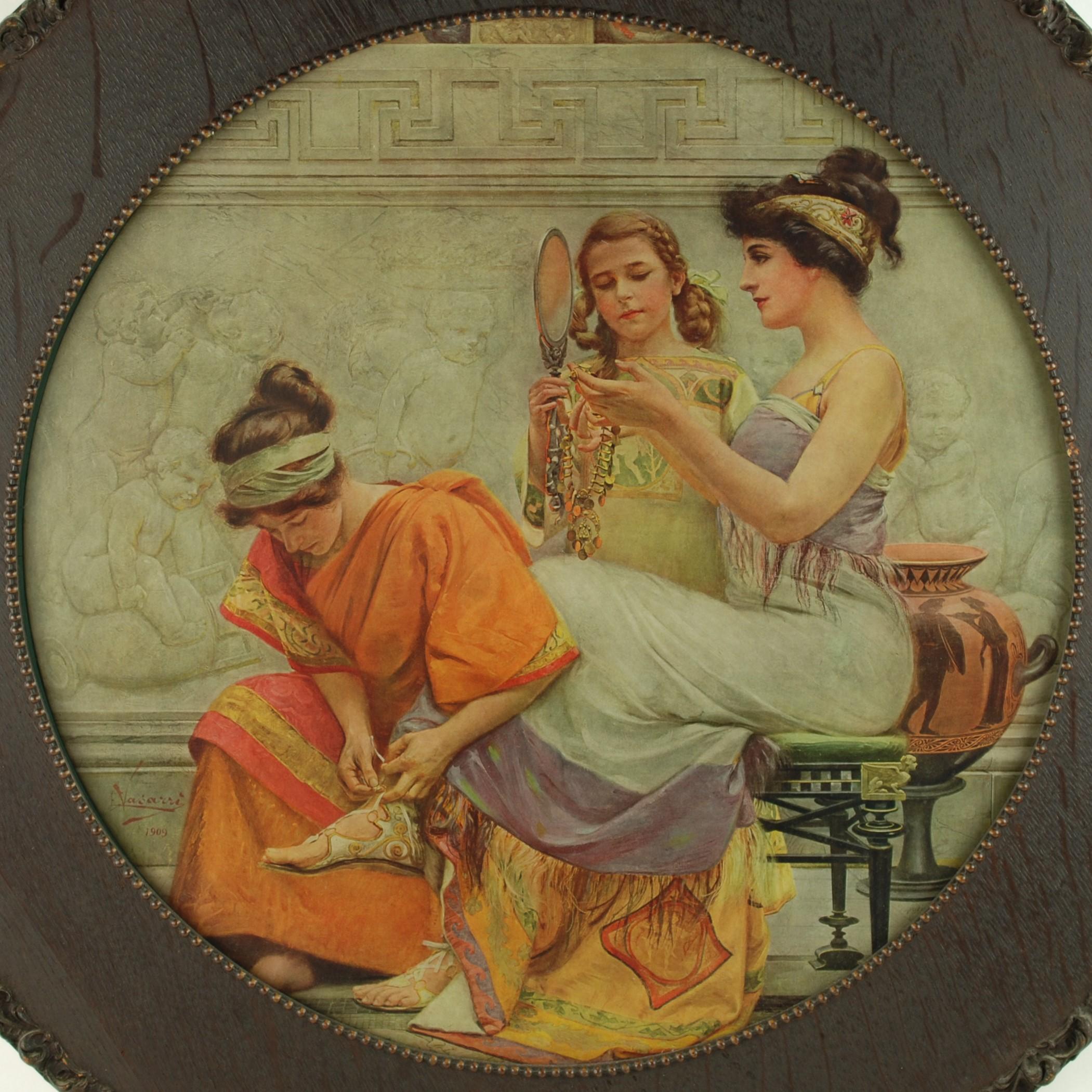 This rare early 20th century lithograph depicts an image originally executed by Italian artist Emilio Vasarri in 1909. The piece features a scene from classical antiquity and depicts a seated noblewoman along with two attendants. The woman is in the