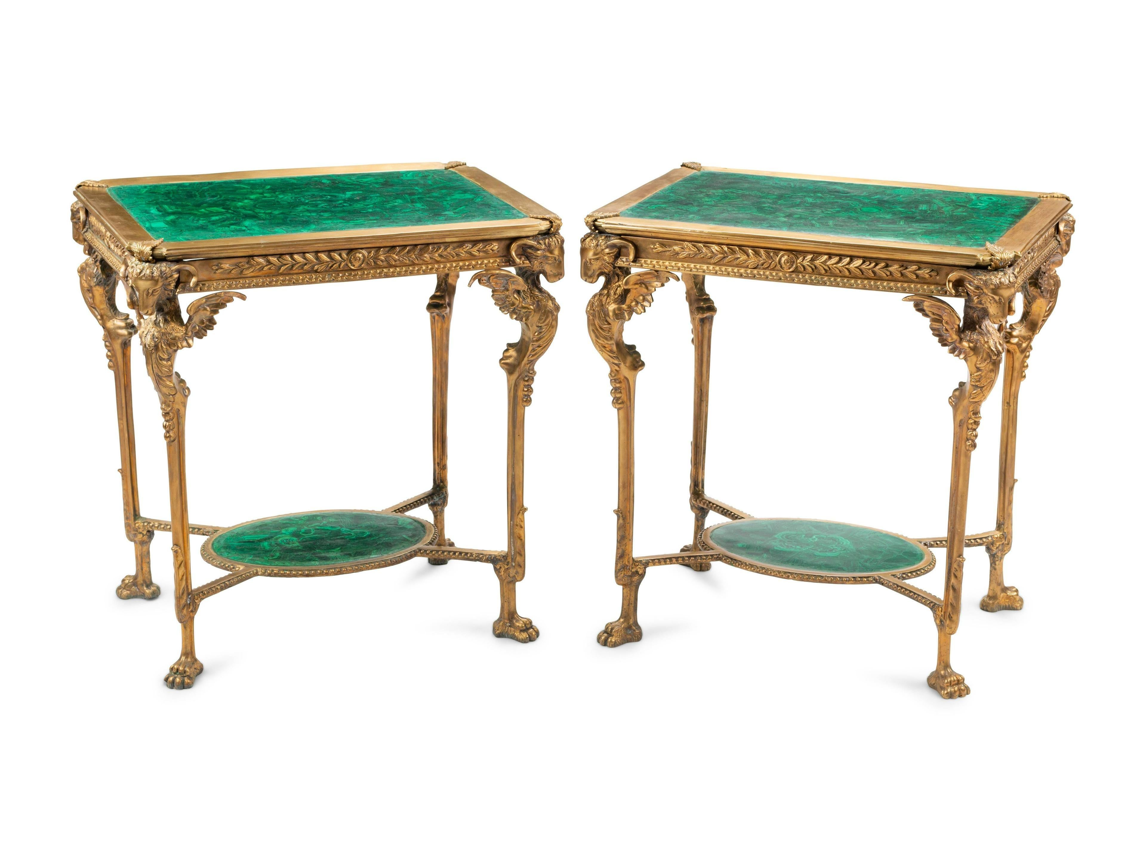 French Early 20th Century Empire Malachite and Gilt Bronze Tables For Sale