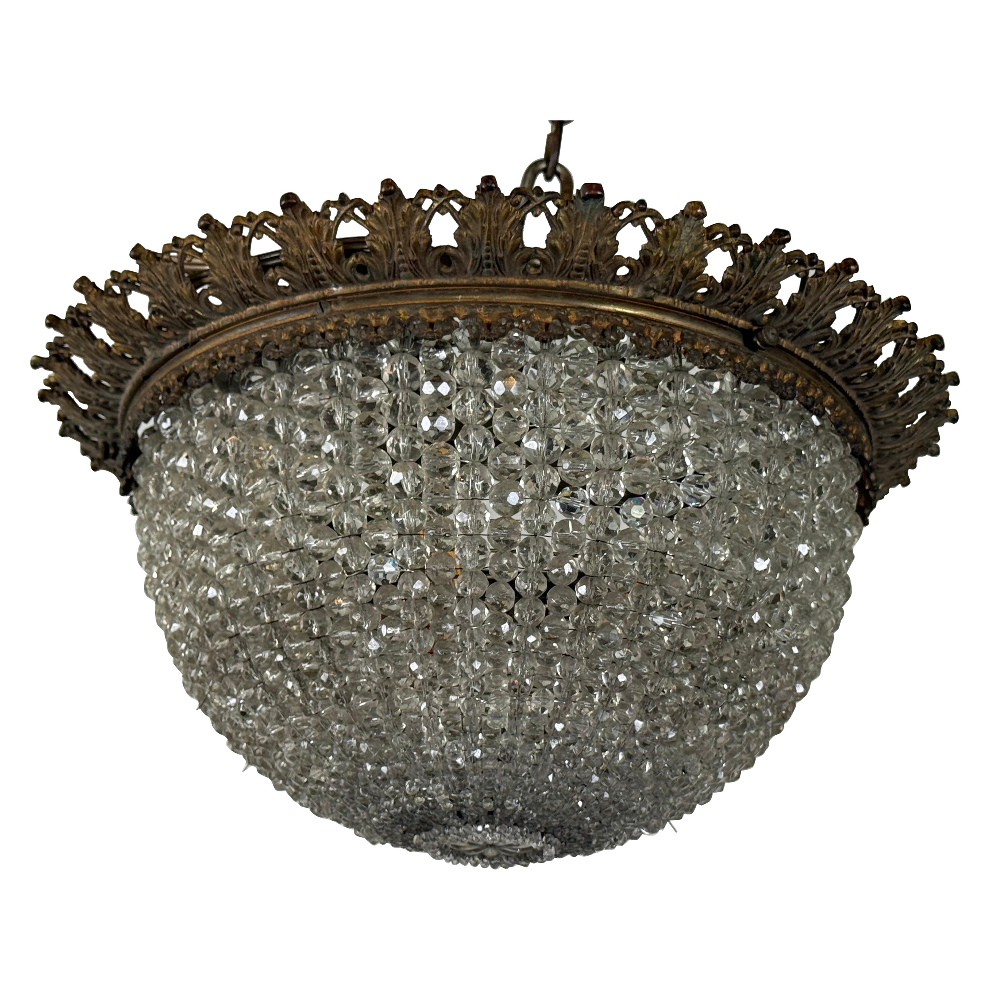 Lampadario a cesto di cristallo stile Impero dei primi del Novecento