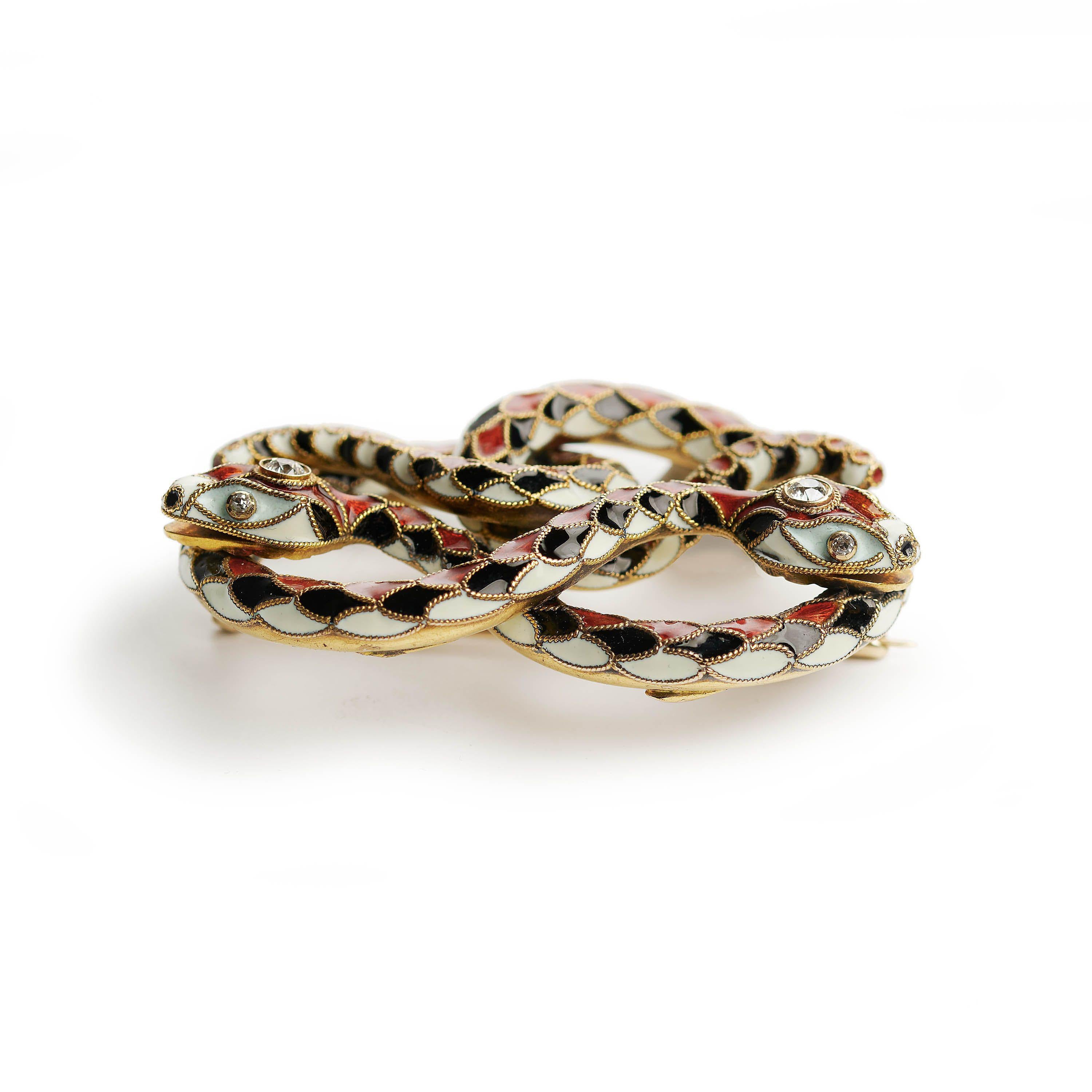 Art Deco Early 20th Century Enamel Diamond And Gold Double Snake Brooch, Circa 1920