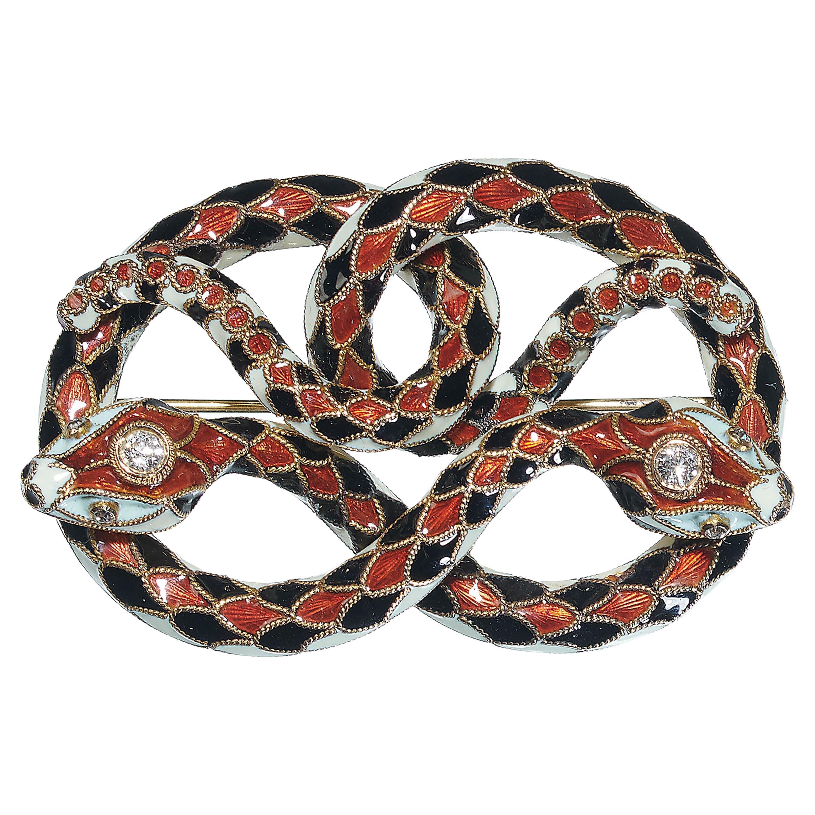 Early 20th Century Enamel Diamond And Gold Double Snake Brooch, Circa 1920