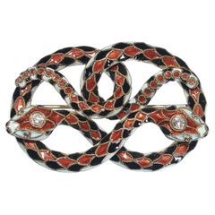 Antique Early 20th Century Enamel Diamond And Gold Double Snake Brooch, Circa 1920