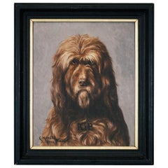 Early 20th Century Engaging Grumpy Oil on Canvas Dog Portrait