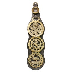 Early 20th Century English 3-Brass Leather Horse Strap Antique Early 20th Century English 3-Brass Leather Horse Strap