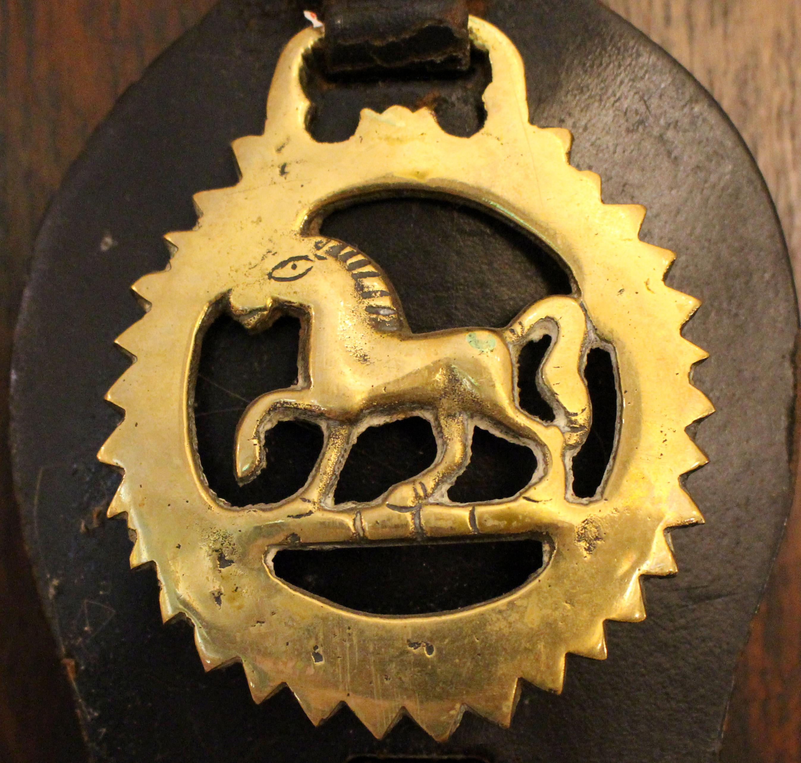 Early 20th century English 4-brass leather horse strap. Shaped leather featuring brasses of a high-stepping horse, dray horse, running horse, & rampant horse. 28.75