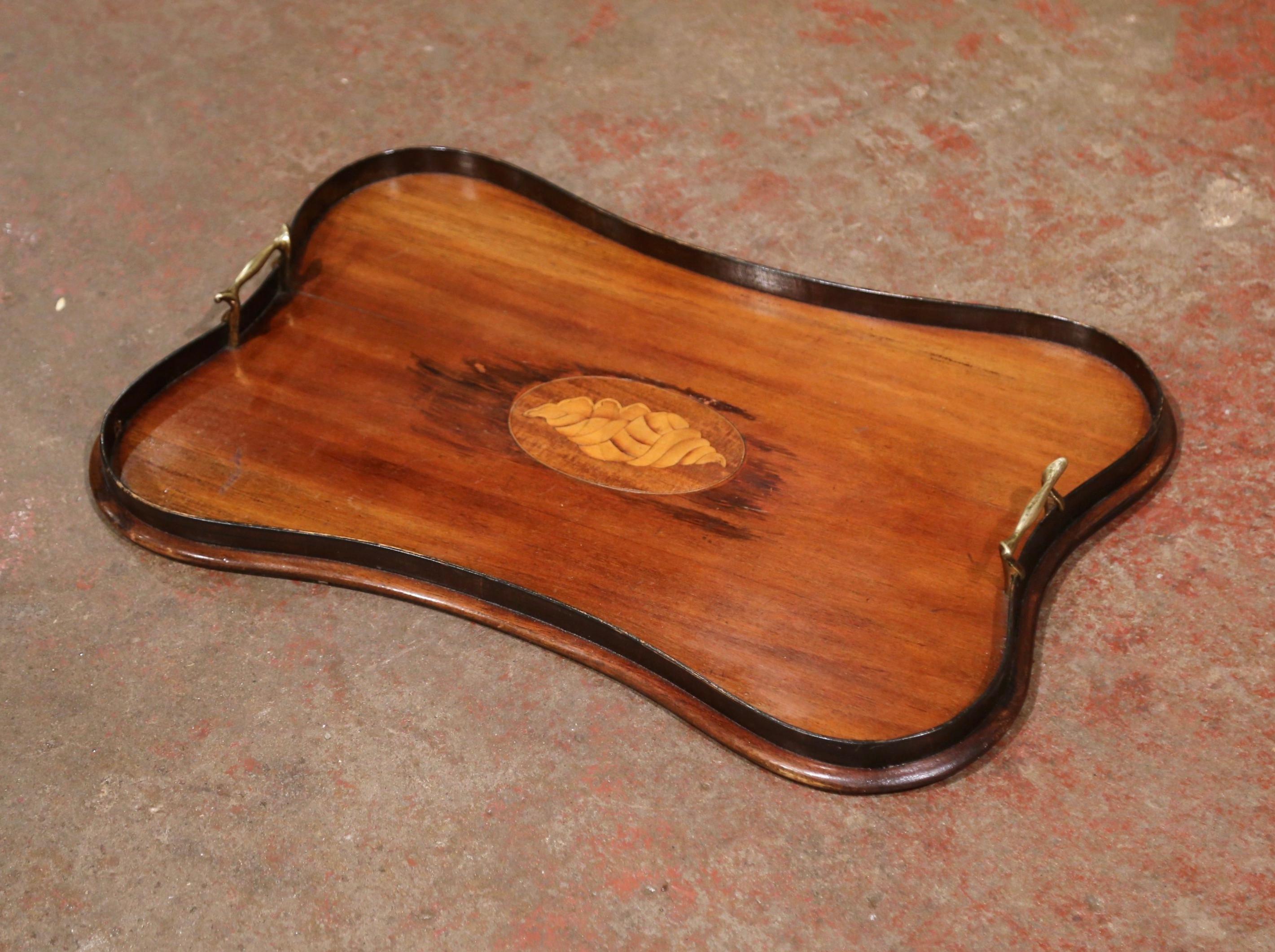 Inlay Early 20th Century English and Brass Mahogany Tray Table with Inlaid Shell Decor