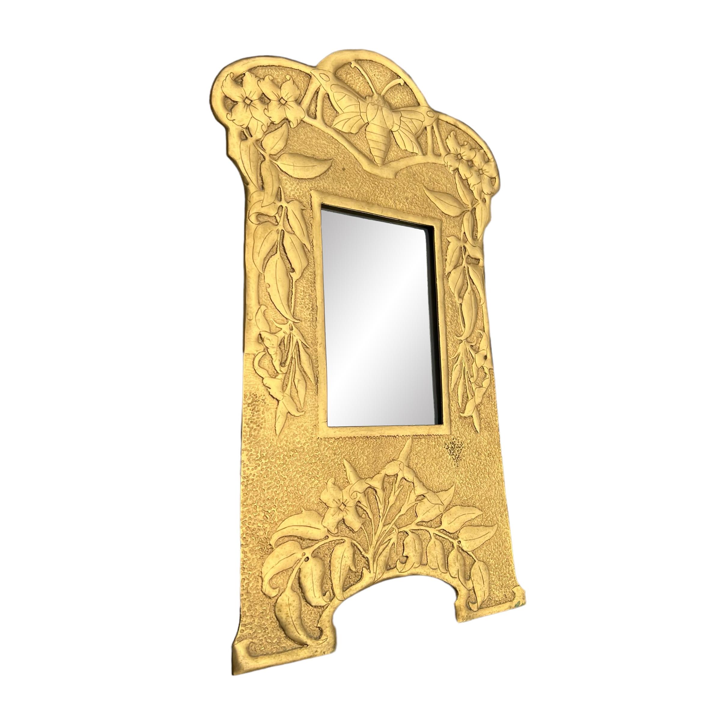 Repoussé Early 20th Century English Art Nouveau Brass Framed Mirror For Sale