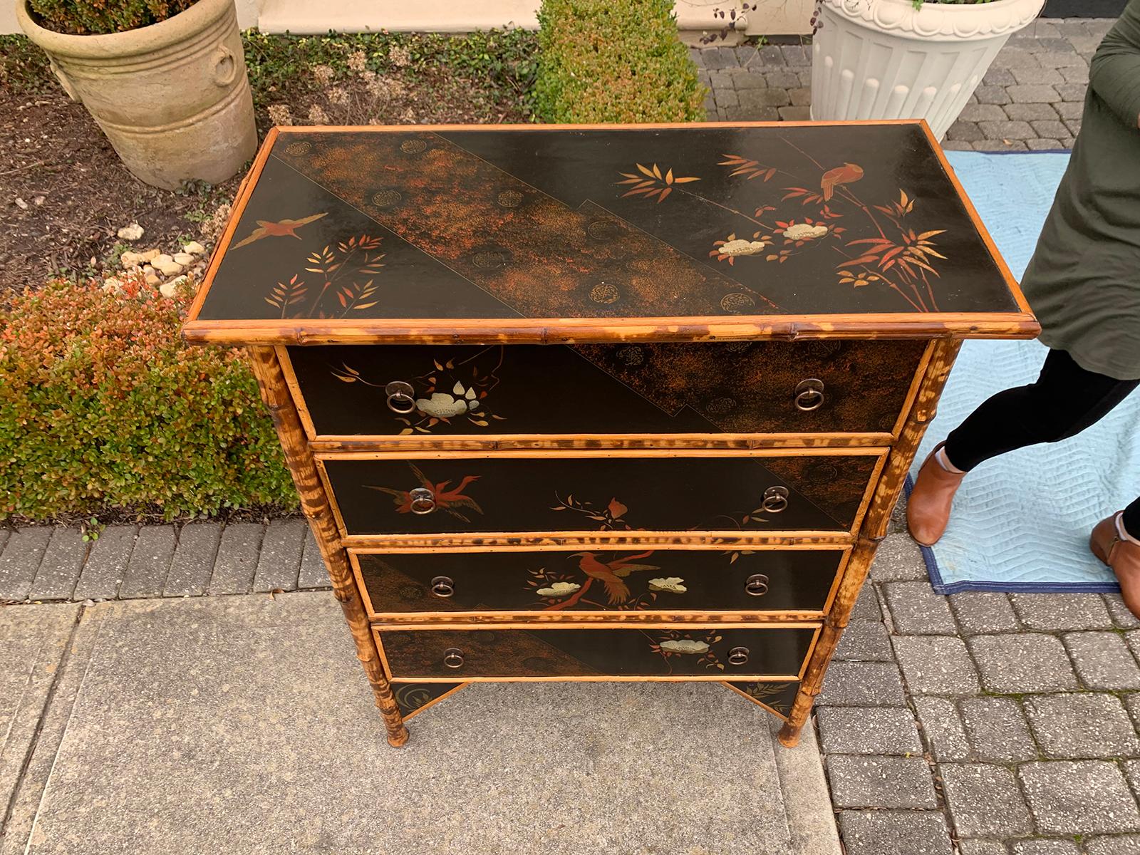 Early 20th Century English Bamboo & Chinoiserie Lacquered Four-Drawer Chest 11