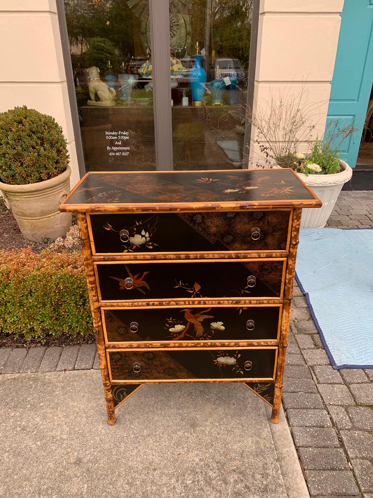 Early 20th Century English Bamboo & Chinoiserie Lacquered Four-Drawer Chest 12