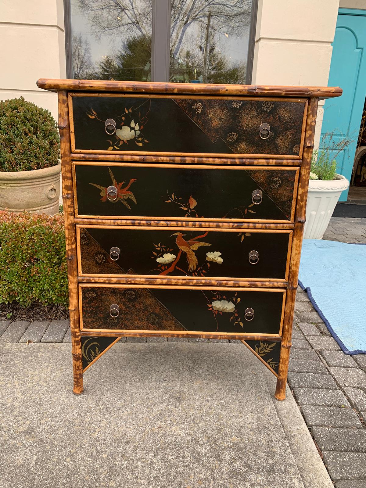 Early 20th century English bamboo & chinoiserie lacquered four-drawer chest.