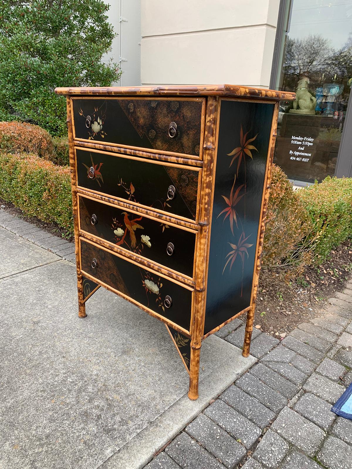 Early 20th Century English Bamboo & Chinoiserie Lacquered Four-Drawer Chest In Good Condition In Atlanta, GA