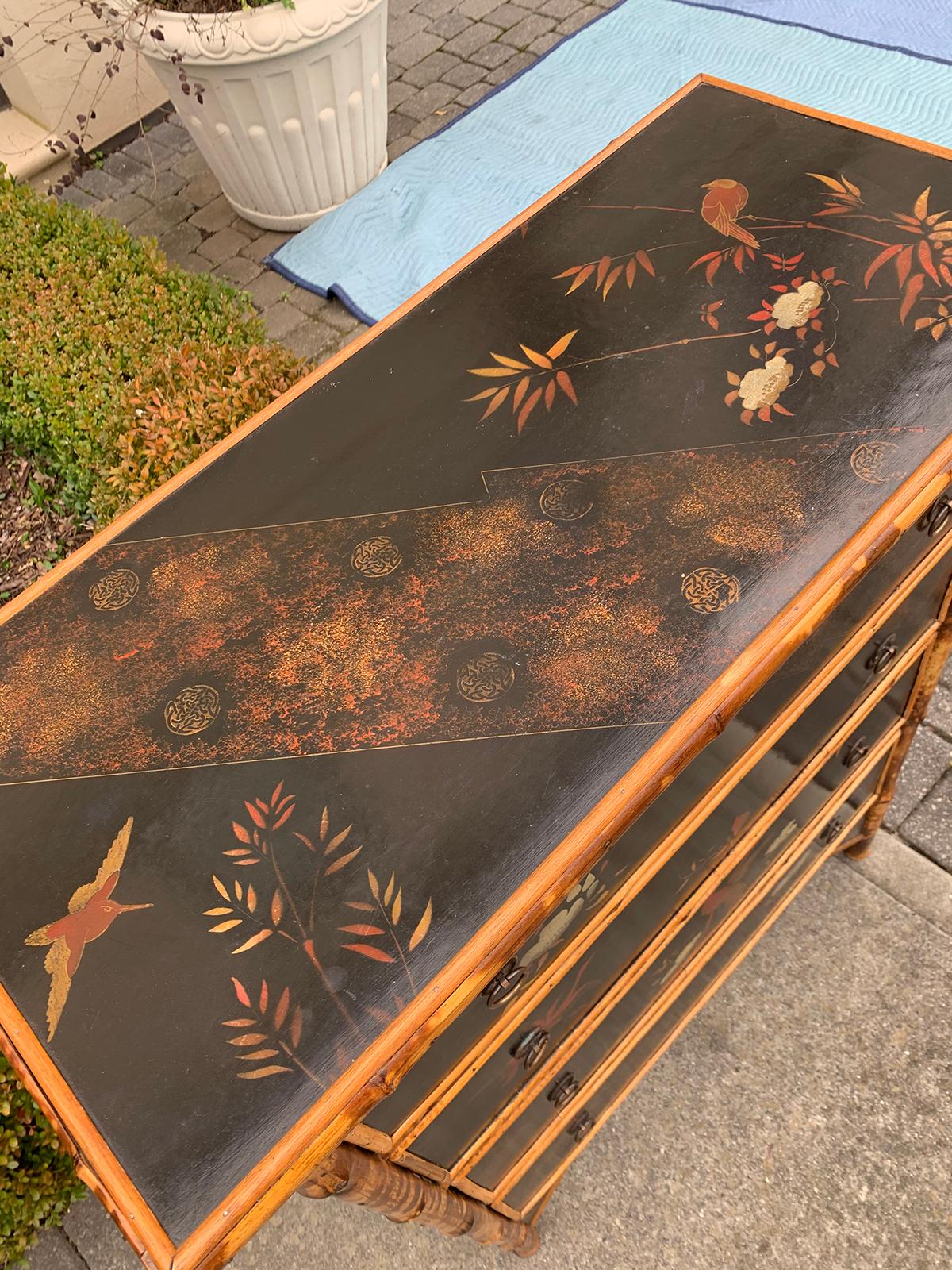 Early 20th Century English Bamboo & Chinoiserie Lacquered Four-Drawer Chest 1