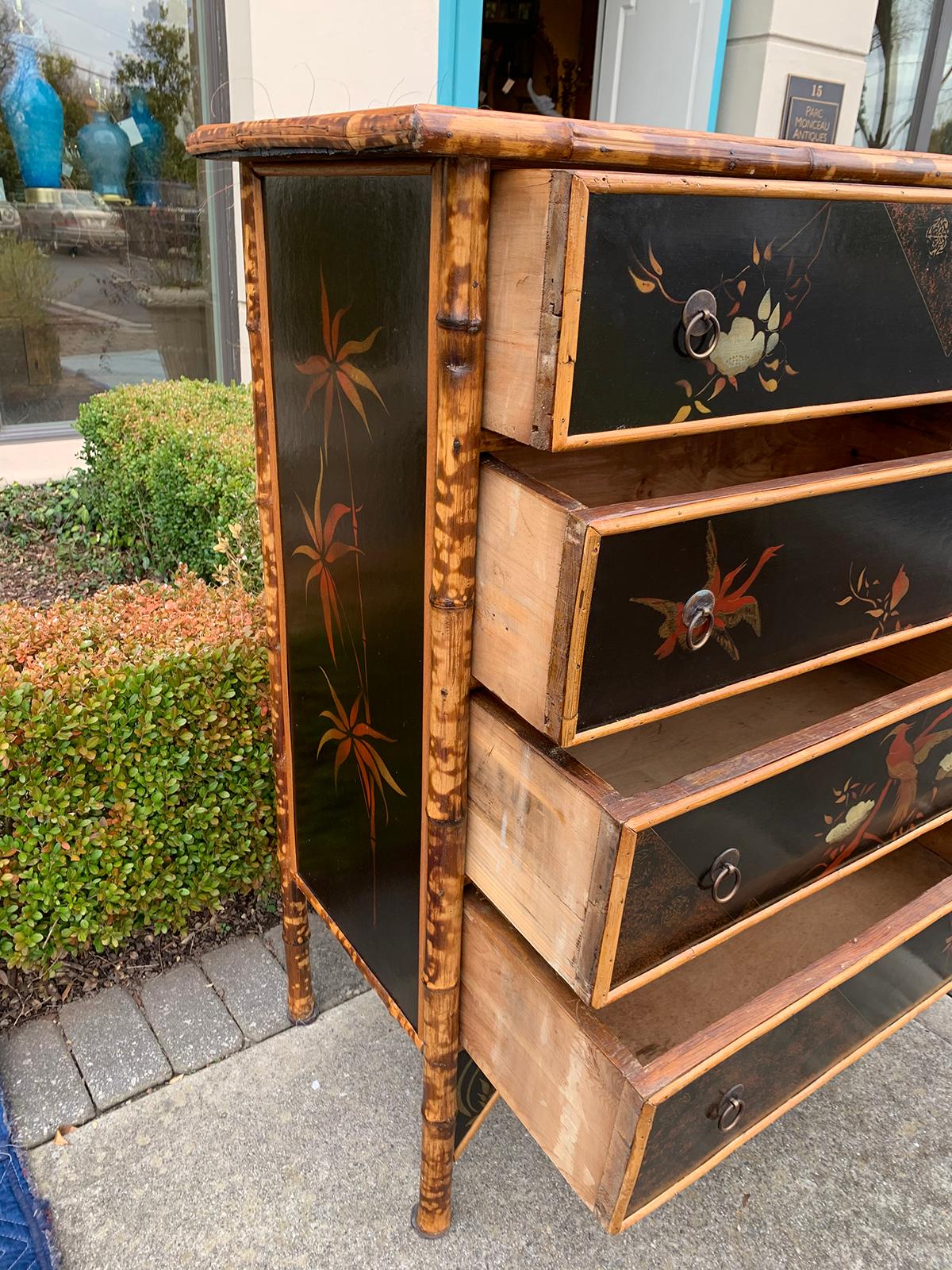 Early 20th Century English Bamboo & Chinoiserie Lacquered Four-Drawer Chest 2