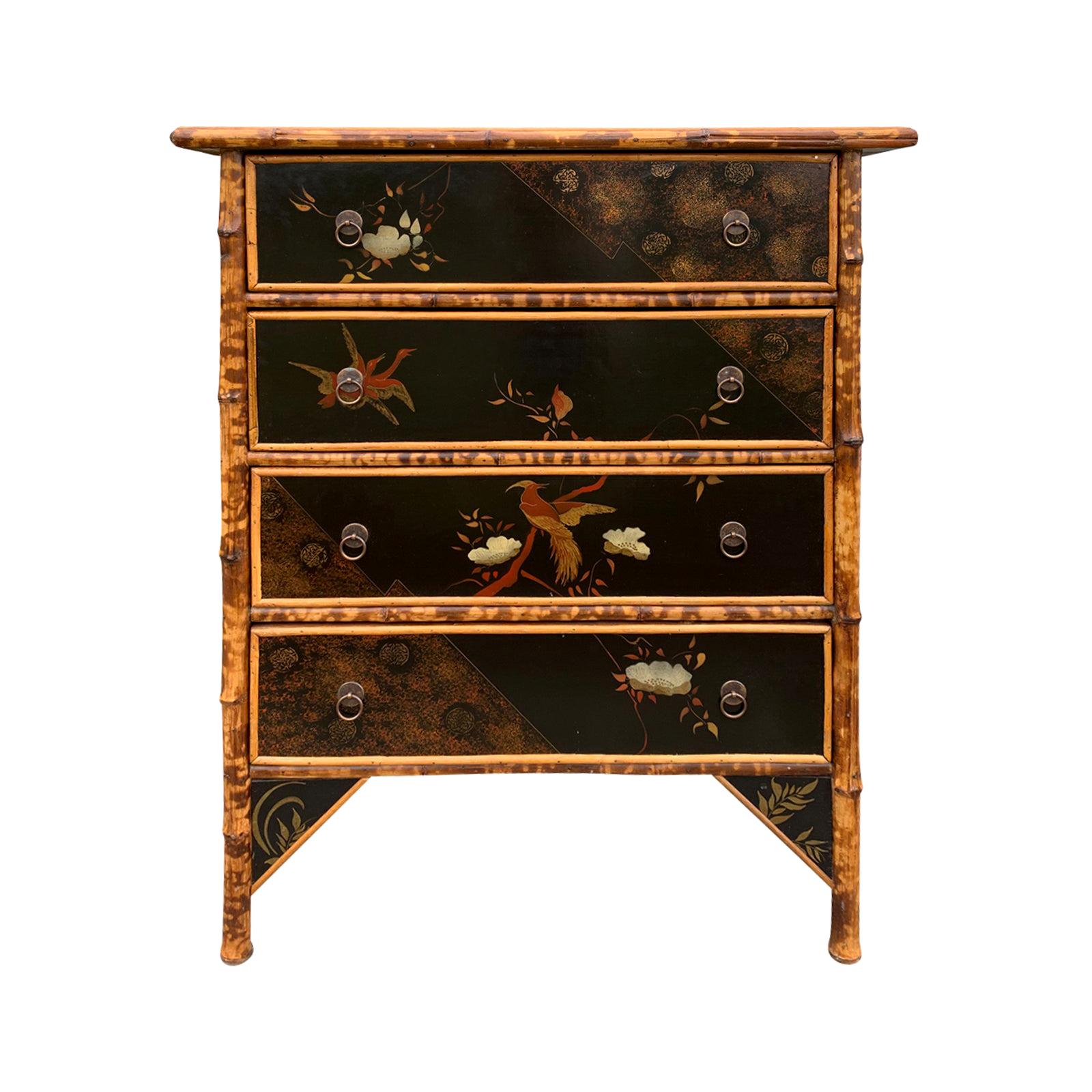 Early 20th Century English Bamboo & Chinoiserie Lacquered Four-Drawer Chest