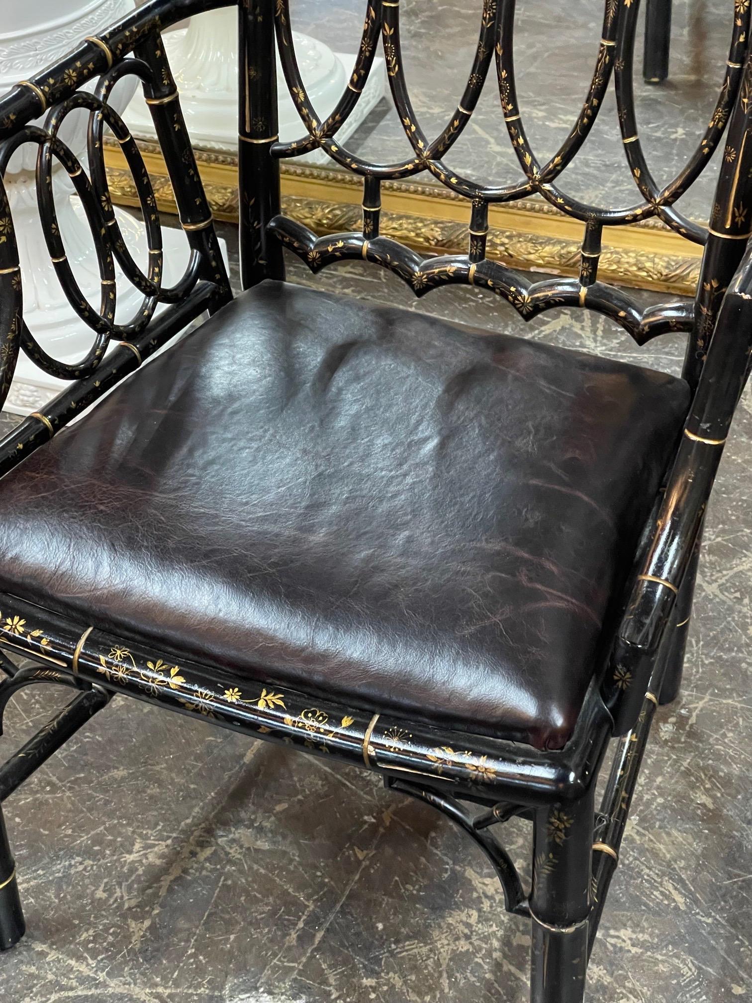 Hand-Painted Early 20th Century English Bamboo Form Black Lacquered Arm Chair
