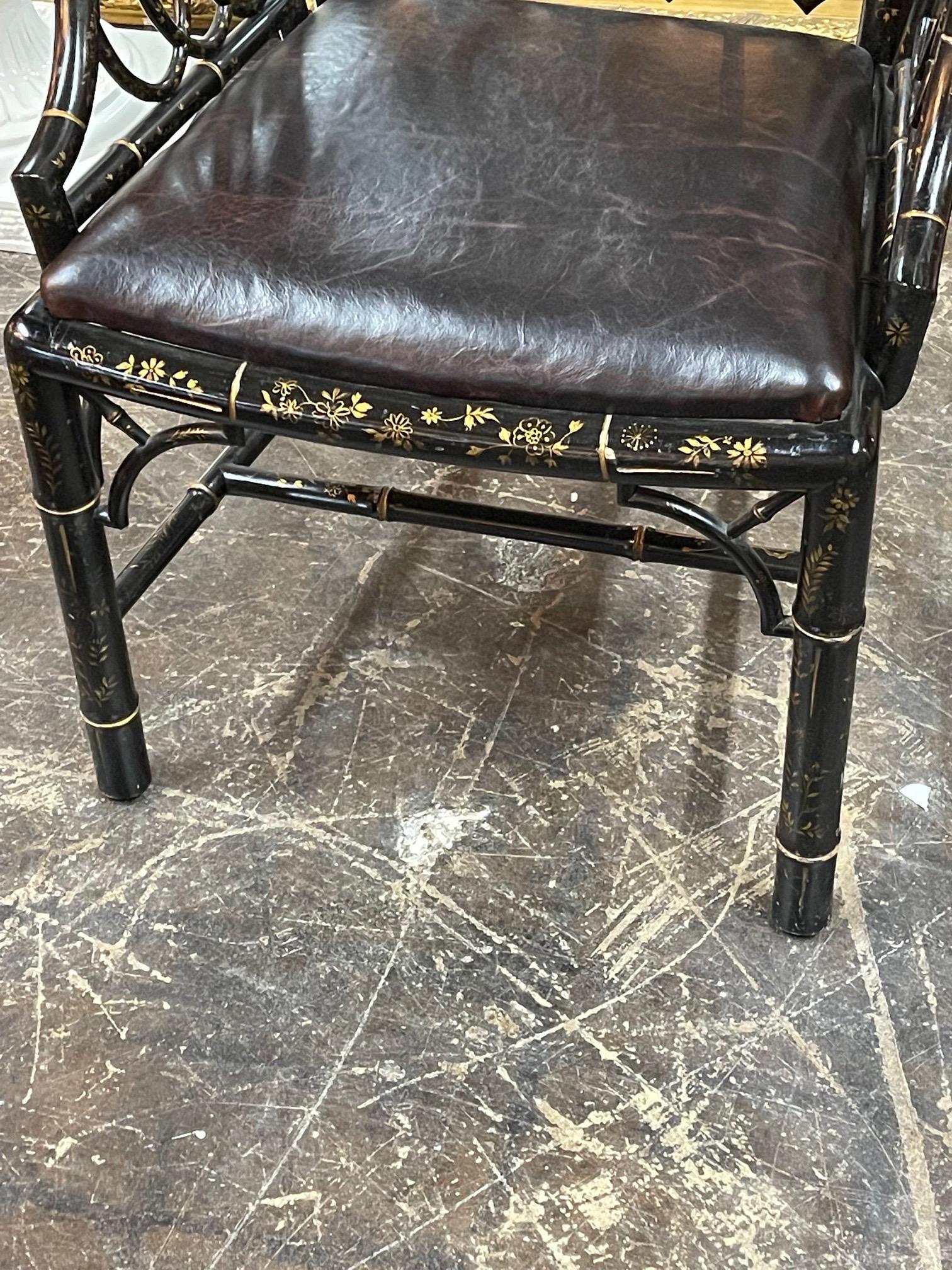 Early 20th Century English Bamboo Form Black Lacquered Arm Chair In Good Condition In Dallas, TX