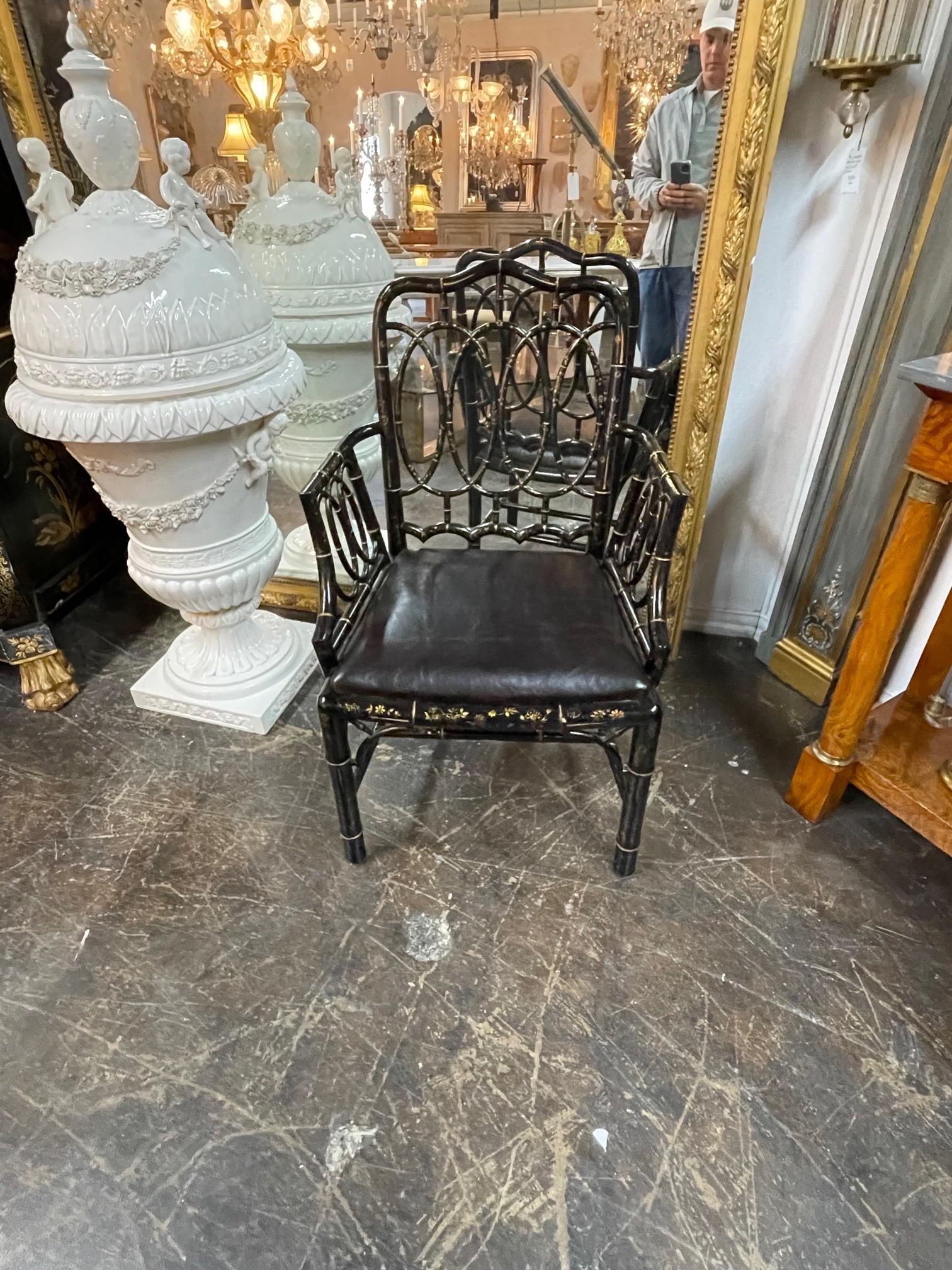 Early 20th Century English Bamboo Form Black Lacquered Arm Chair 1
