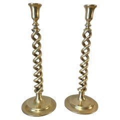 Antique Early 20th Century English Brass Barley Twist Candlesticks - a Pair