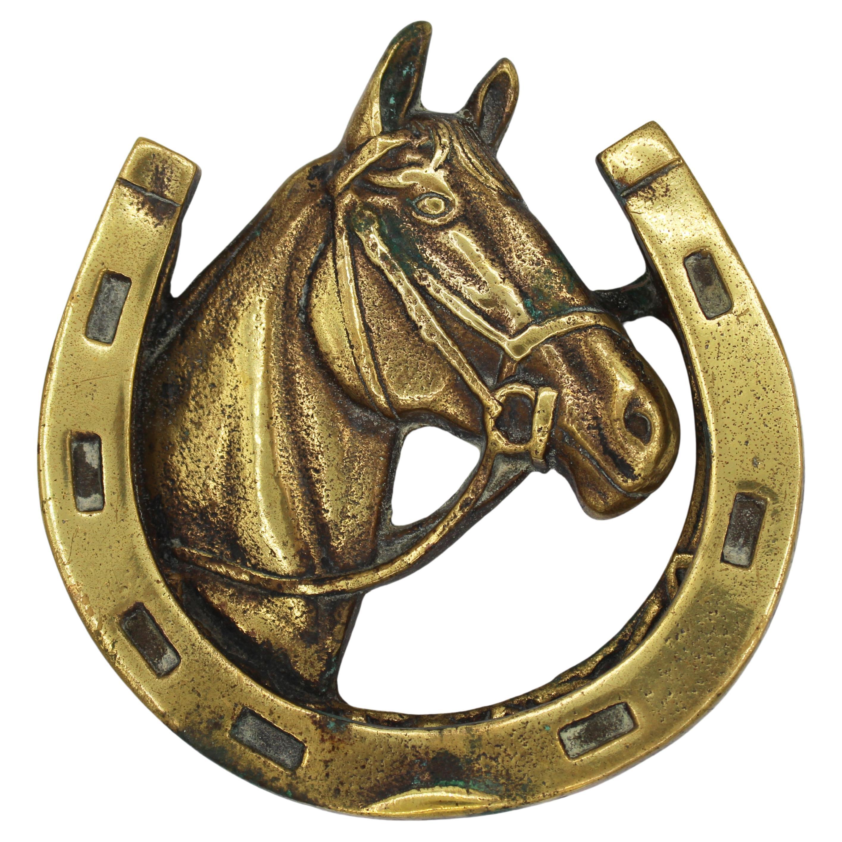 Early 20th Century English Brass Horse Head and Shoe Doorknocker