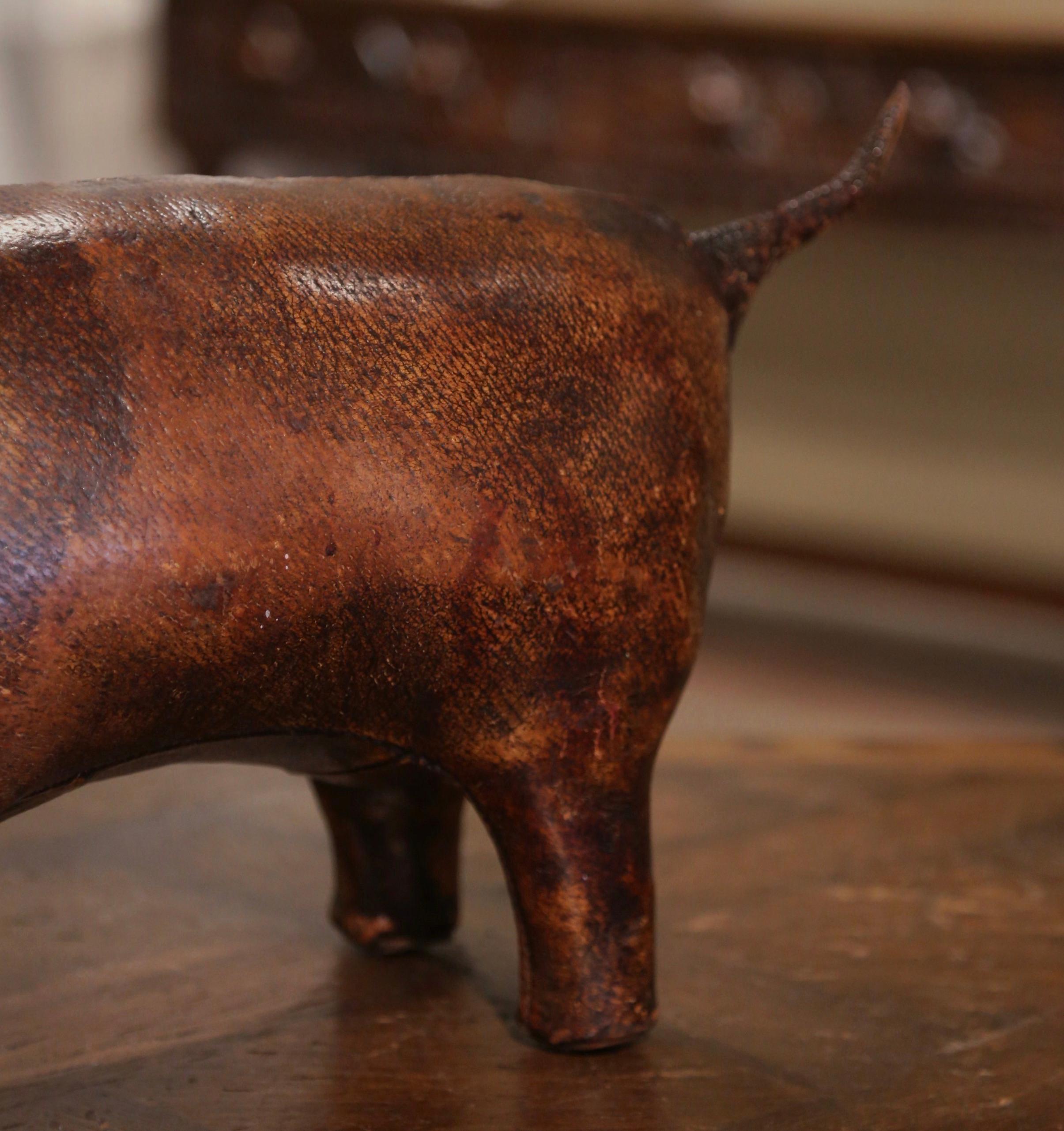 Hand-Crafted Early 20th Century English Brown Patinated Leather Pig Footstool For Sale