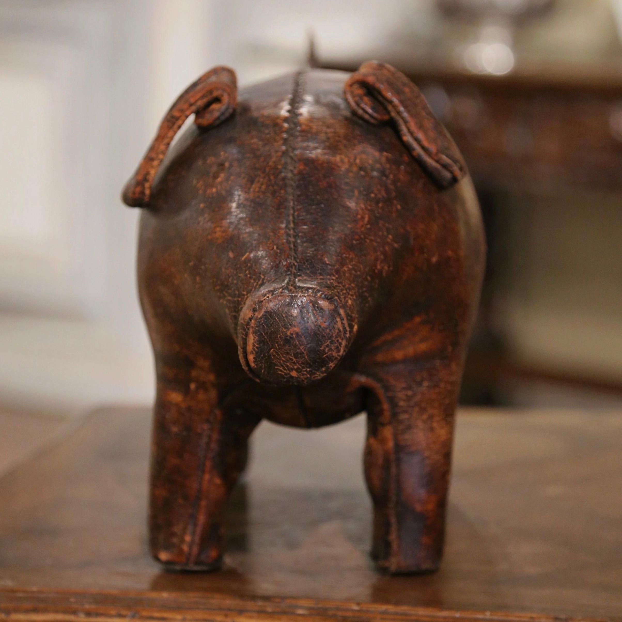 Hand-Crafted Early 20th Century English Brown Patinated Leather Pig Footstool For Sale