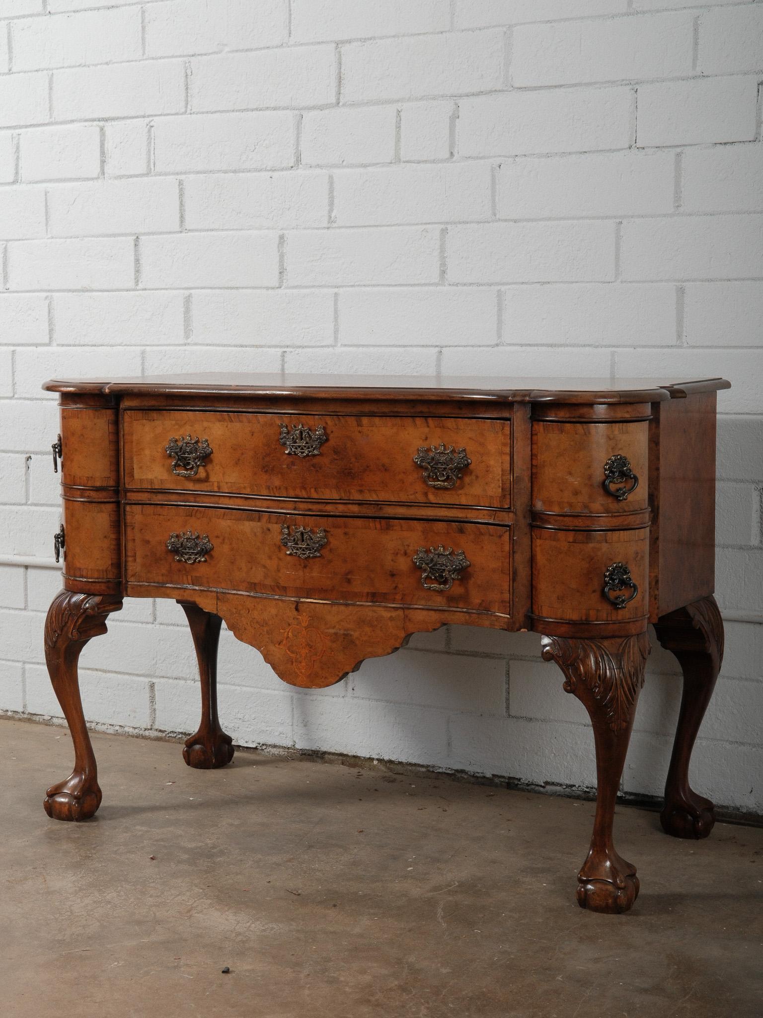 Wood Early 20th Century English Burl Walnut Chippendale-Style Lowboy Ball-and-Claw For Sale