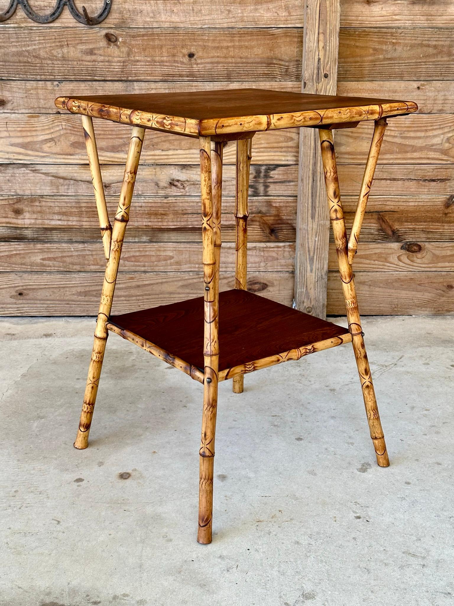 Hand-Crafted Early 20th Century English Burnt Bamboo Walnut Side Table