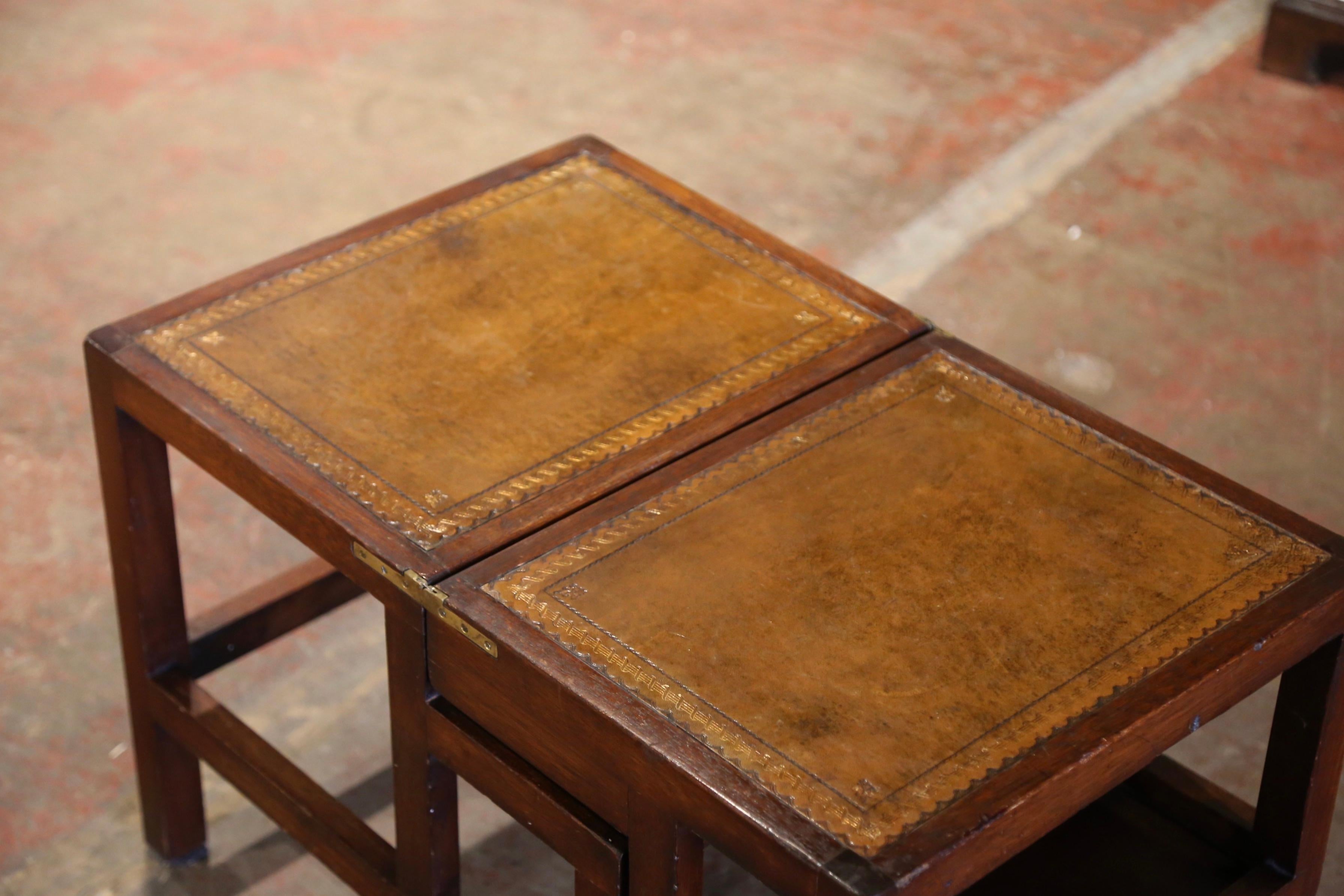 Brass Early 20th Century English Carved Walnut Coffee Table and Folding Step Ladder