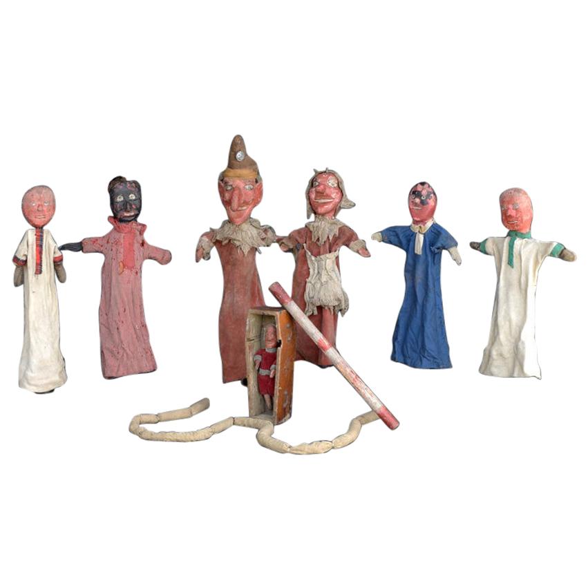 Early 20th Century English Carved Wooden Punch & Judy Puppets 'Lots of Extras'