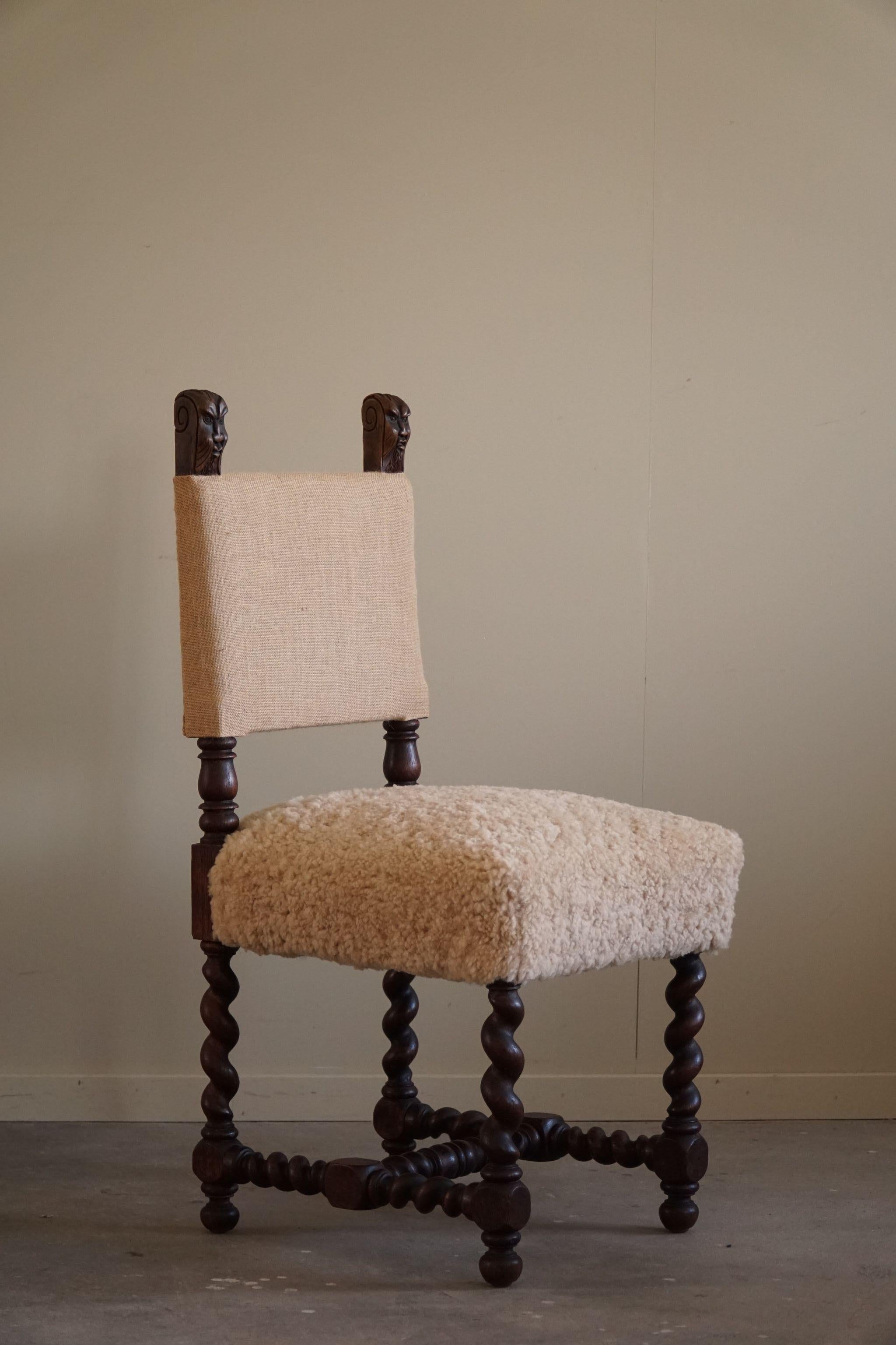 Baroque Early 20th Century English Chair in Oak, Hessian & Lambswool, Barley Twisted For Sale