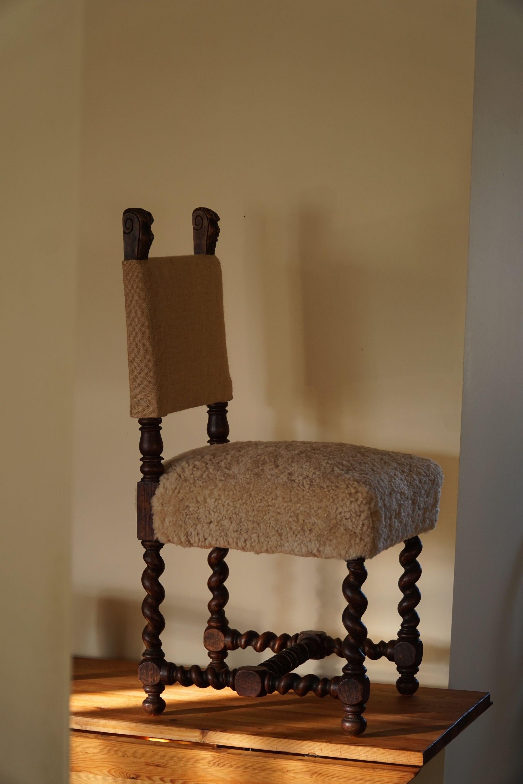 Hand-Crafted Early 20th Century English Chair in Oak, Hessian & Lambswool, Barley Twisted For Sale