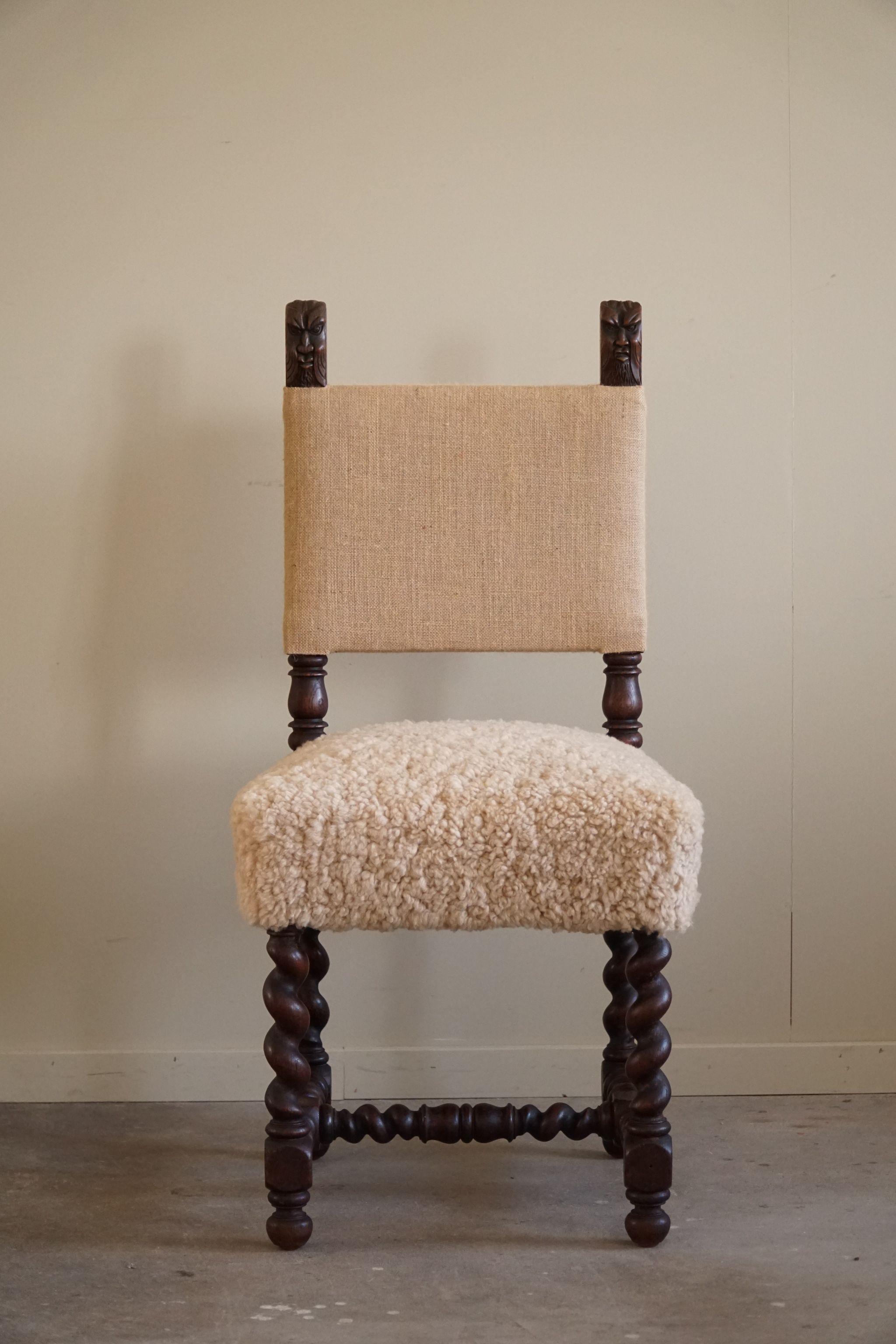 Lambskin Early 20th Century English Chair in Oak, Hessian & Lambswool, Barley Twisted For Sale