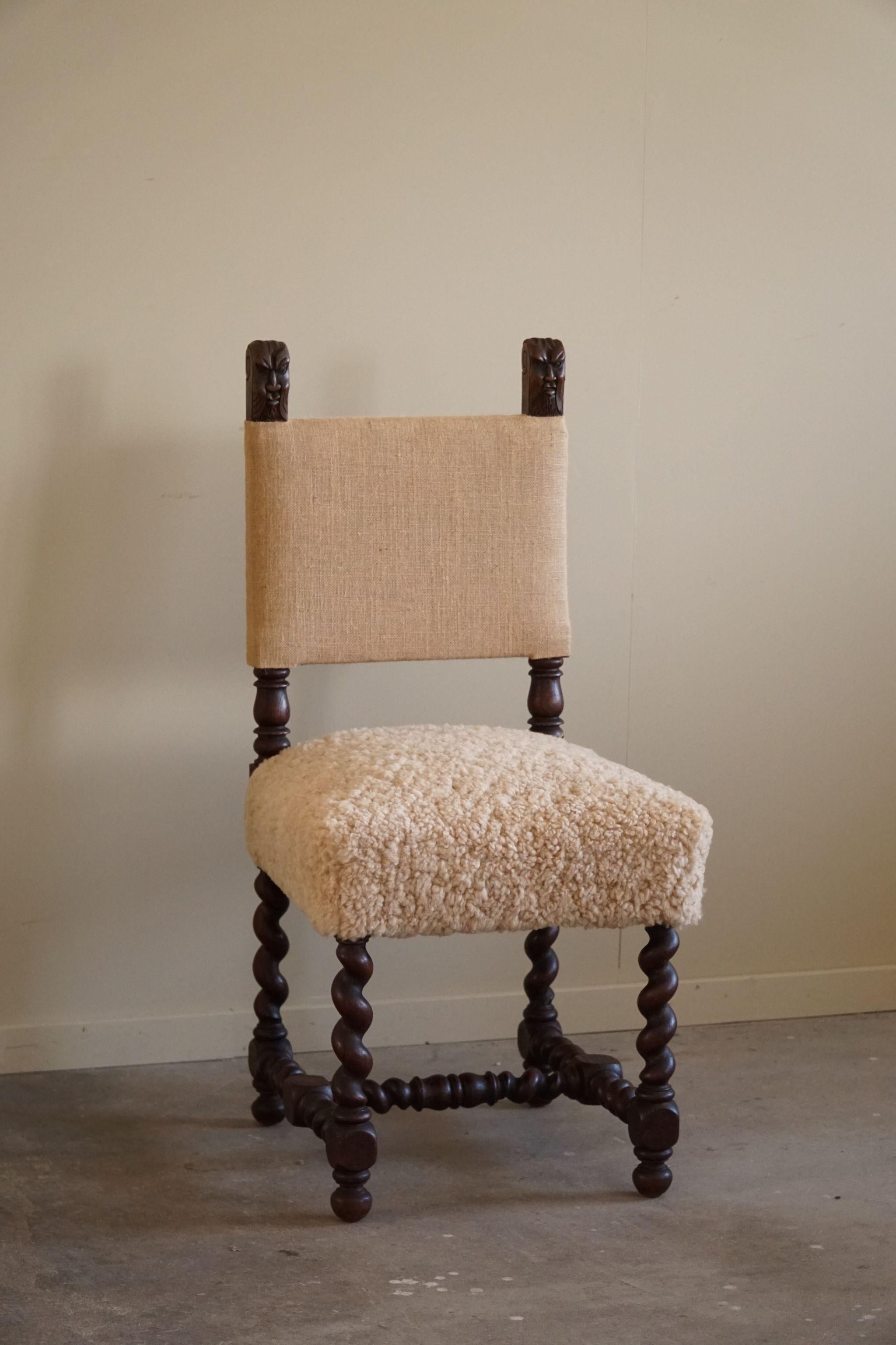 Early 20th Century English Chair in Oak, Hessian & Lambswool, Barley Twisted For Sale 1
