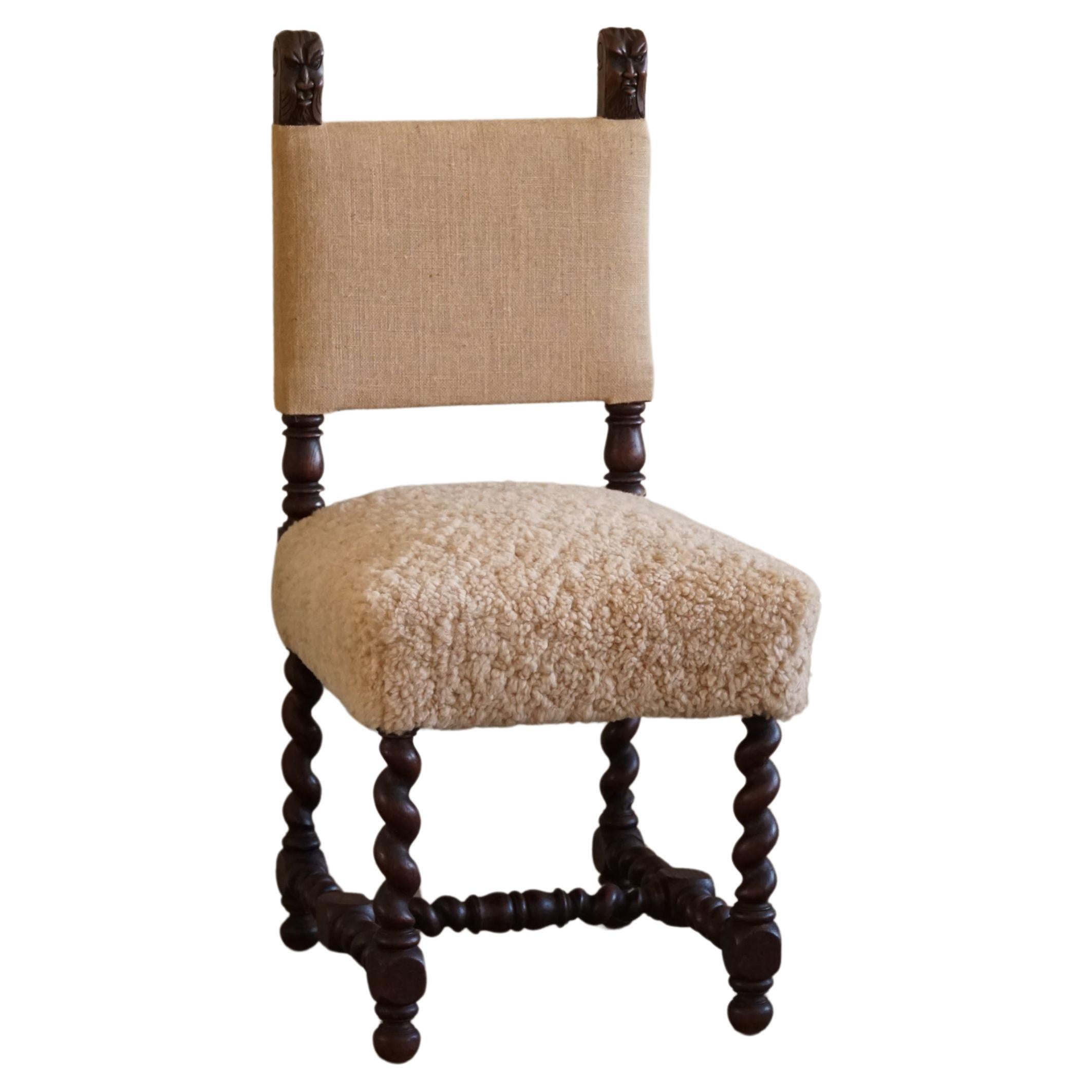 Early 20th Century English Chair in Oak, Hessian & Lambswool, Barley Twisted For Sale