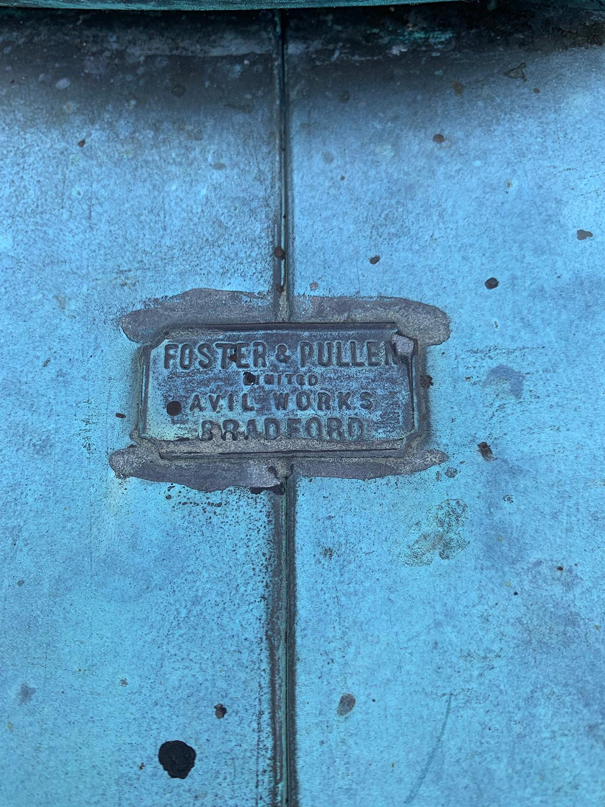 Early 20th century English copper Verdigris Foster & Pullen street four-light lantern
Labeled
Repurposed as hanging lantern
Brand new wiring.